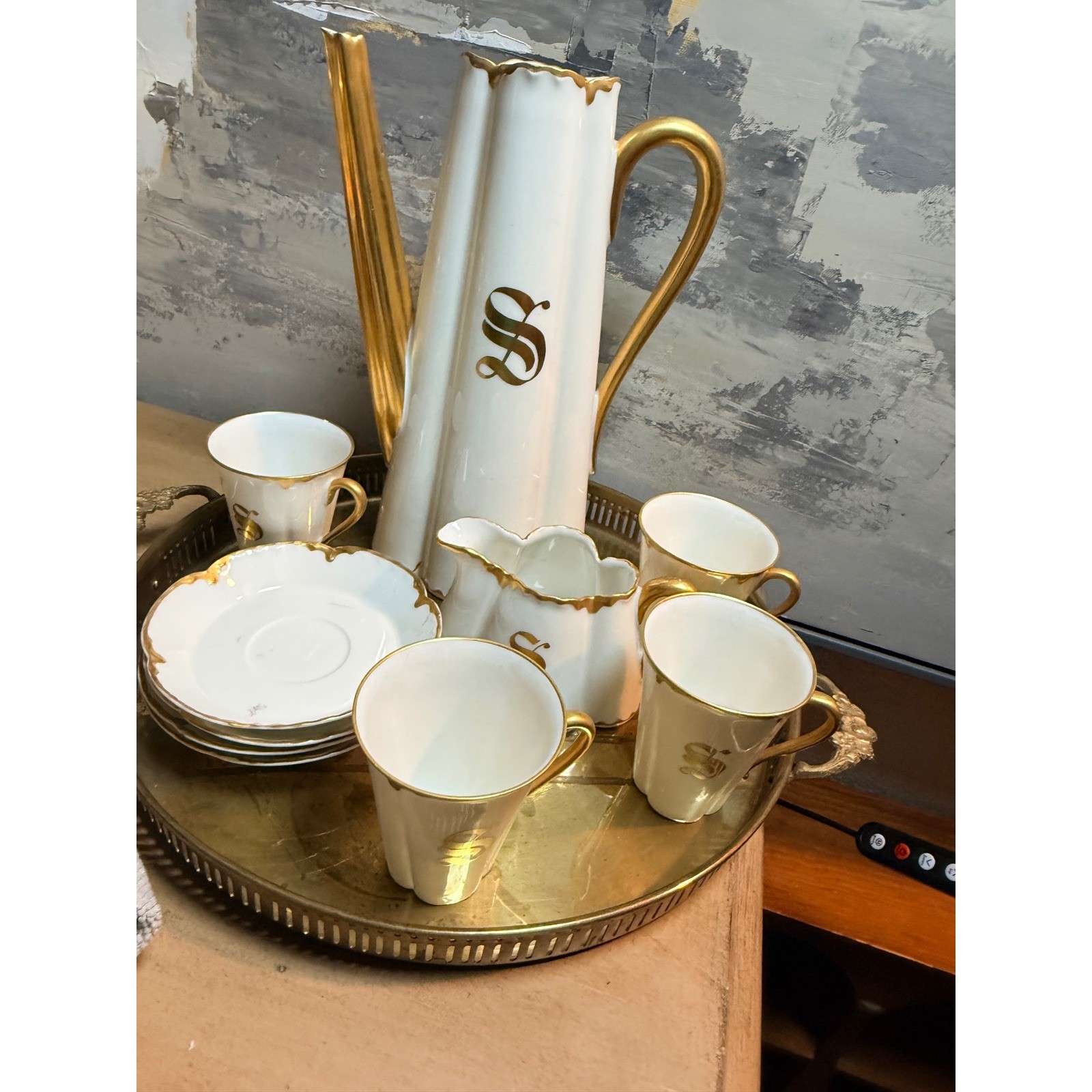 Antique Haviland Limoges France Monogram S Gold Chocolate Pot Set 1894-1931