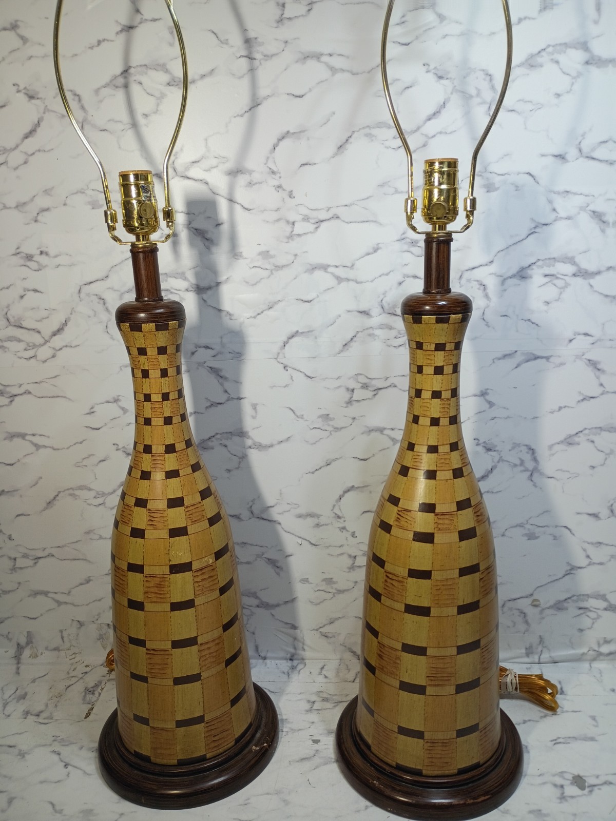 Pair Ceramic Basketweave Checkerboard Bottle-Form Table Lamps w/ Shades