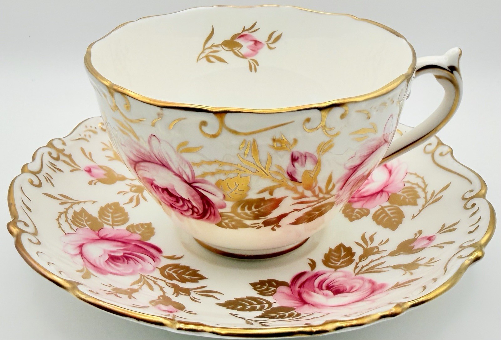 Vintage Coalport Pink Cabbage Rose Heavy Gold Cup & Saucer; Teacup England