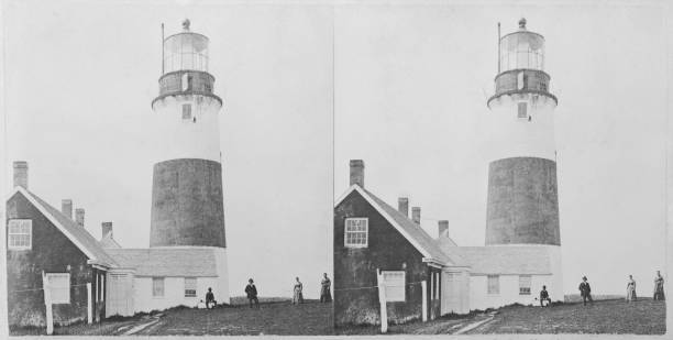 Four People Standing Before Sankaty Head Lighthouse Village Siasco- Old Photo