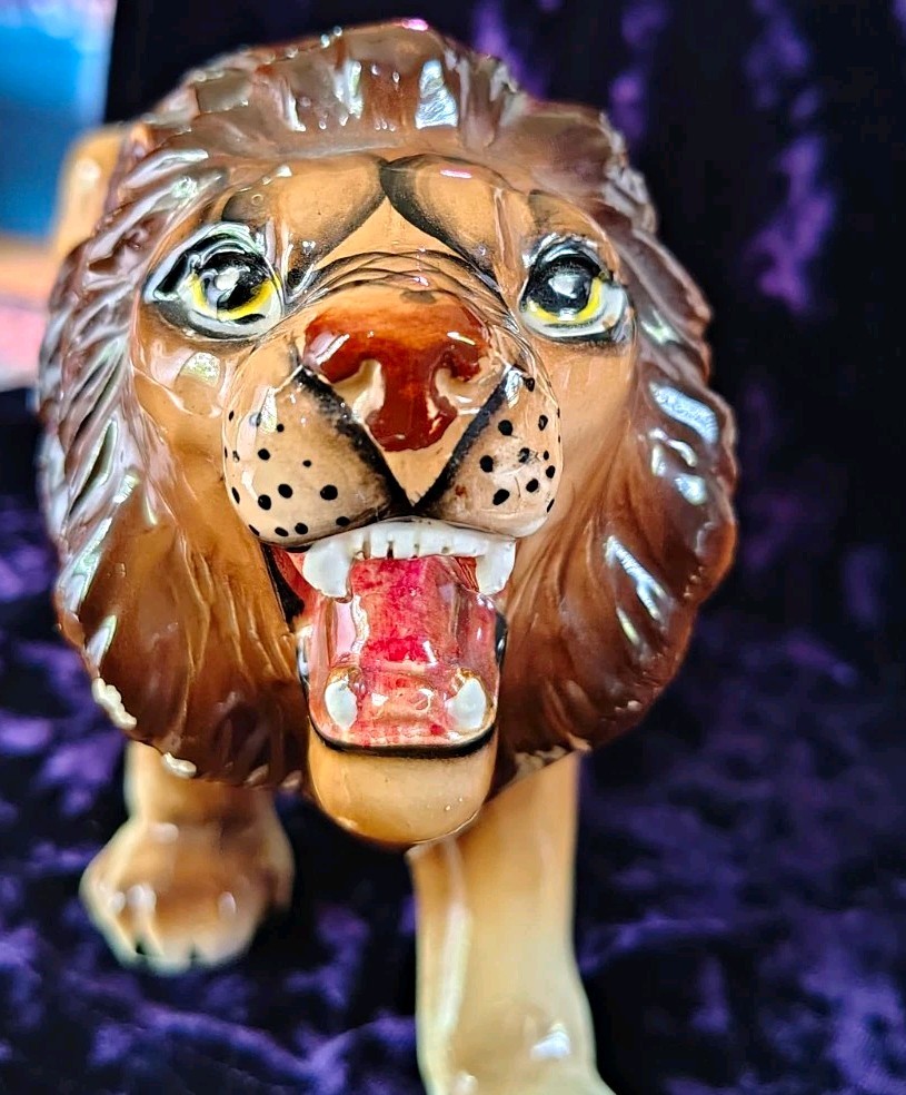 Vintage 13” MCM Ceramic Roaring Lion Figurine Japan Porcelain Hollywood Regency