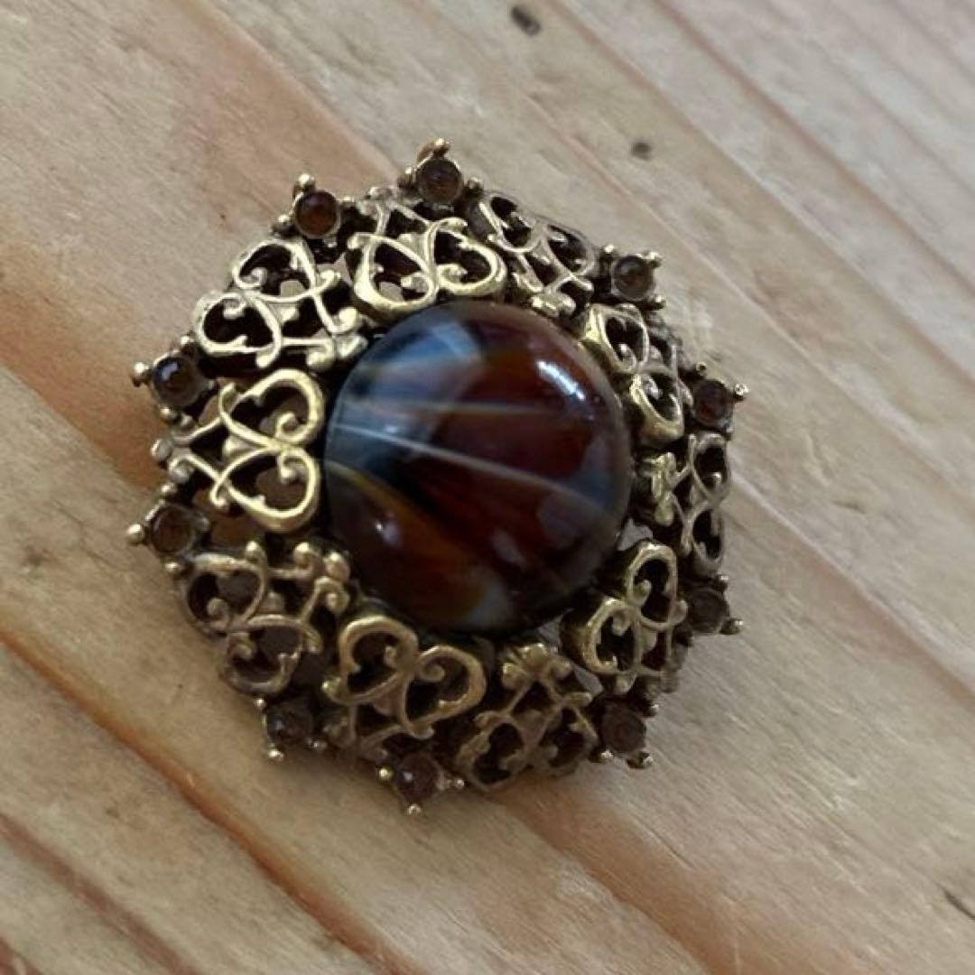 West Germany Vintage Unsigned Art Glass Brooch Small Gold Tone Border