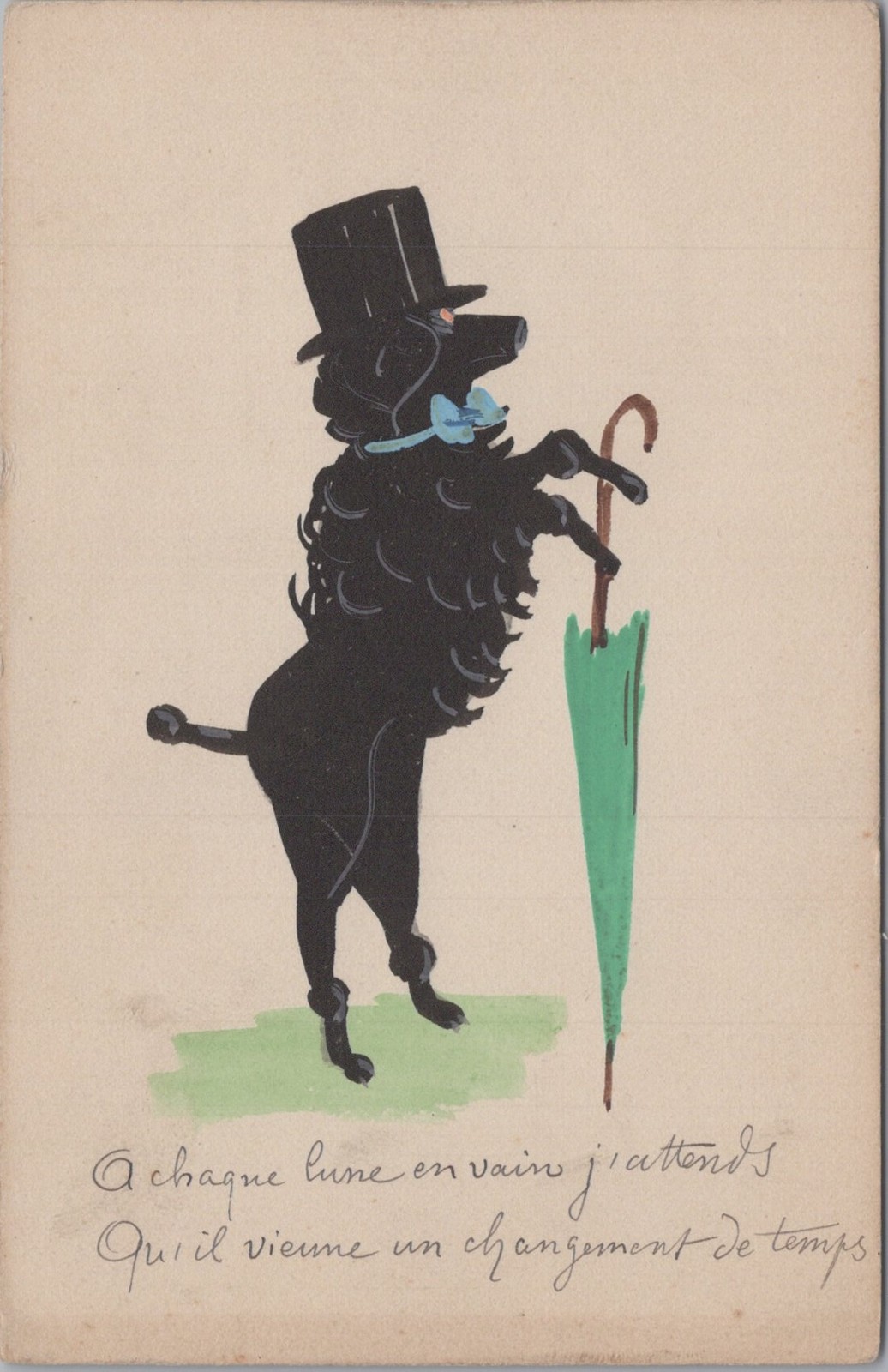 Black Poodle Dog Top Hat Umbrella Anthropomorphic French 1900s Postcard