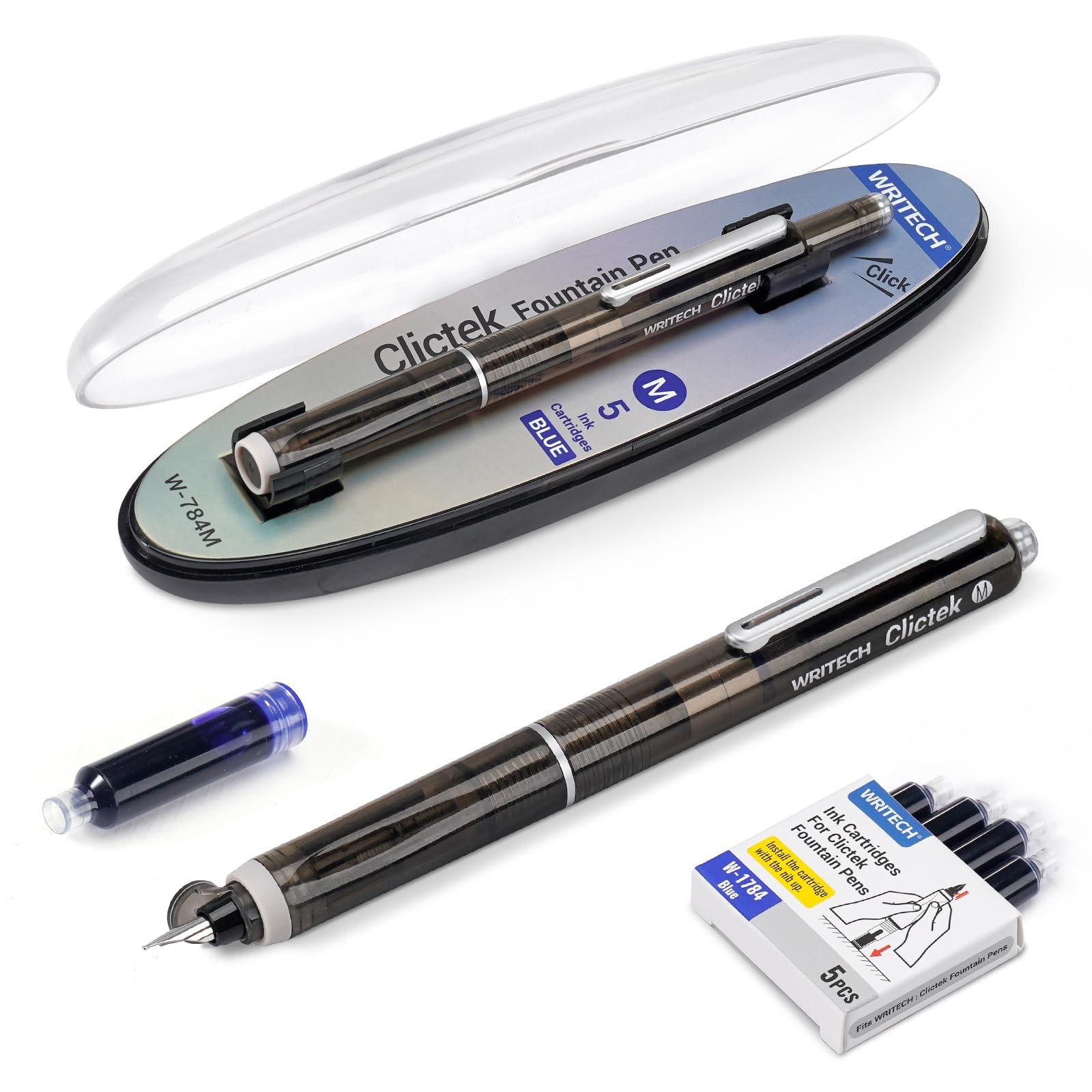 WRITECH Clictek Fountain Pen Retractable: Medium Nib Blue Ink Transparent Barrel