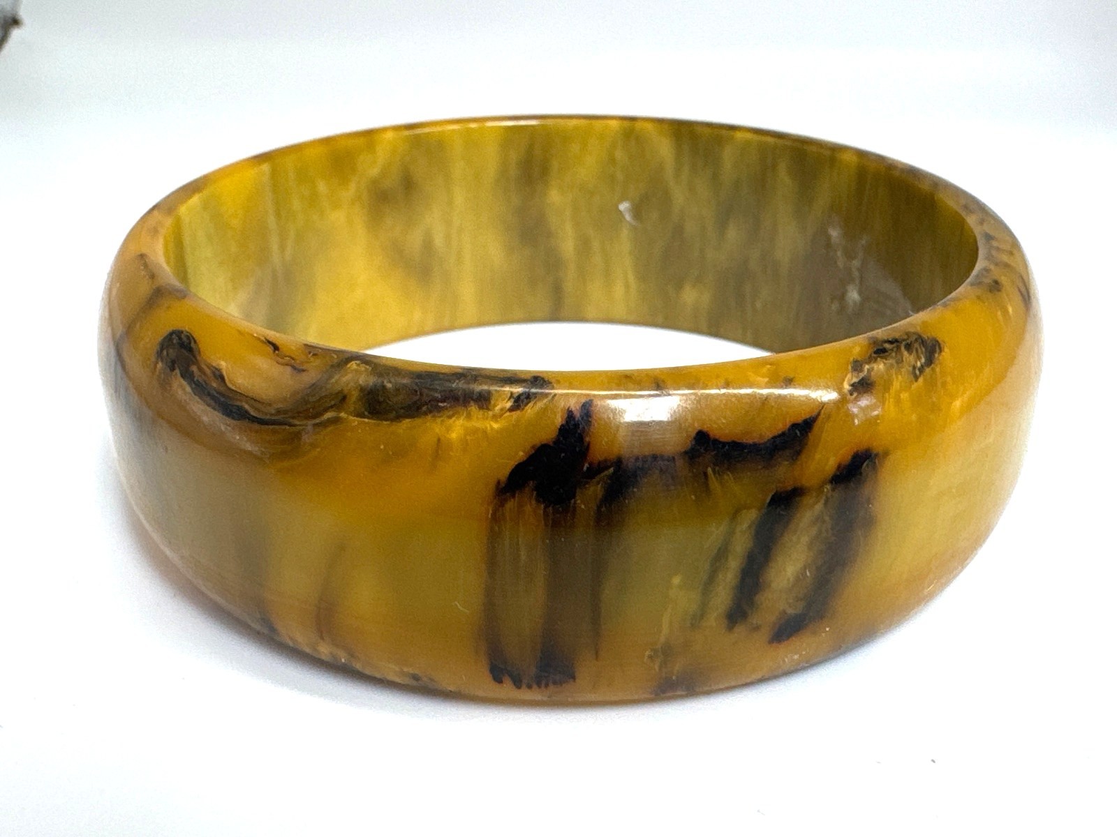Vintage Marbled Bakelite Style Wide Bangle Bracelet Mustard Yellow Black Swirl