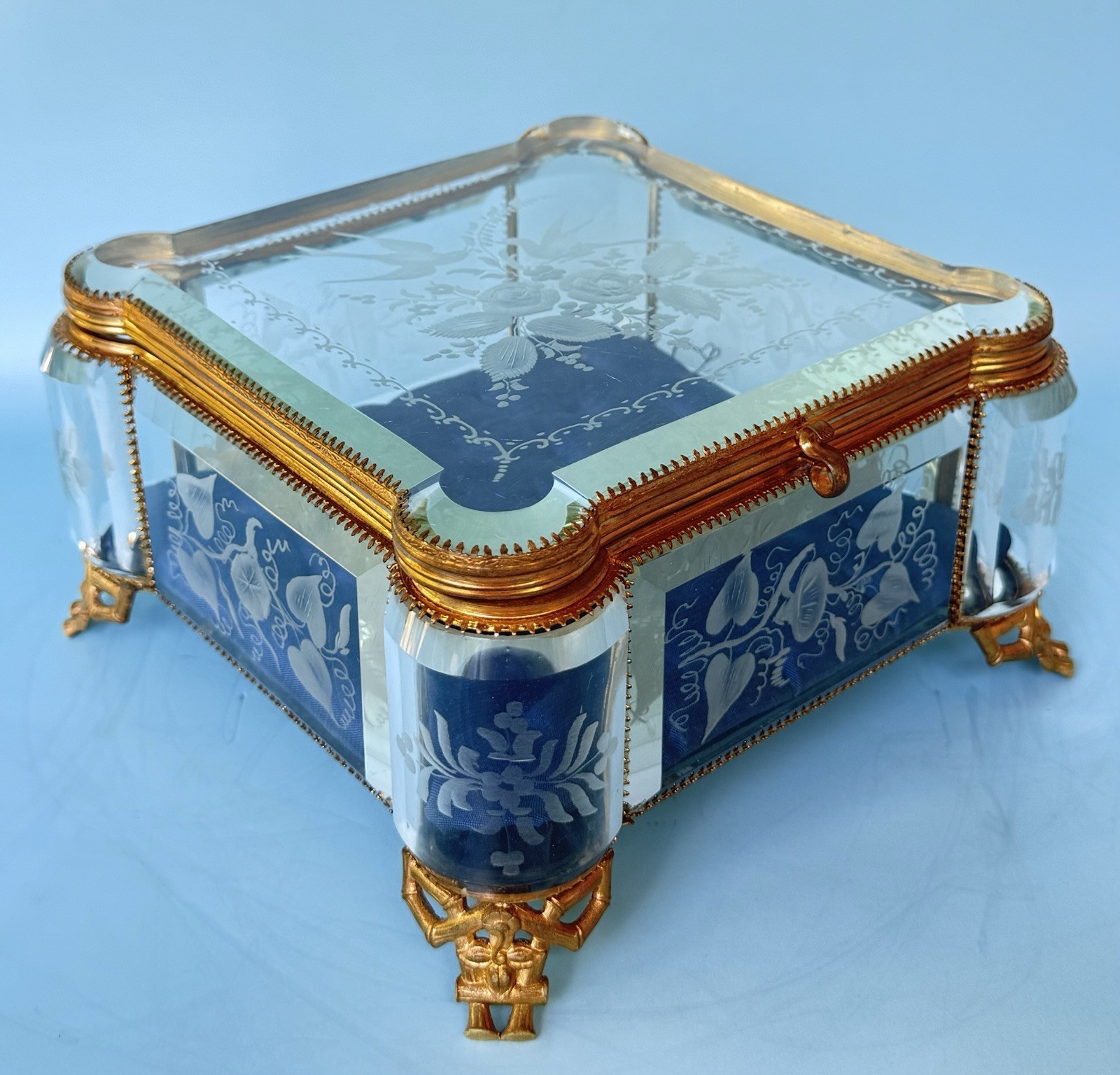 ANTIQUE-NAPOLEON III-GILT BRONZE-ENGRAVED BEVELED GLASS-JEWELRY BOX-CASKET-1870S
