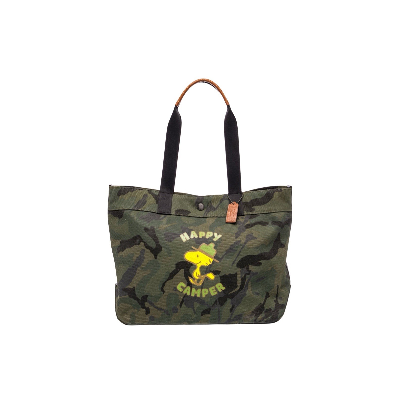 COACH Peanuts Snoopy’s Woodstock Camo Canvas Leather Tote Bag EUC Happy Camper