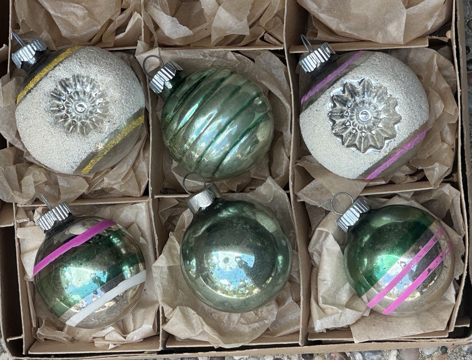 VTG Shiny Brite Made In USA Mica Double Indent Bumpy Stripe Glass Ornaments