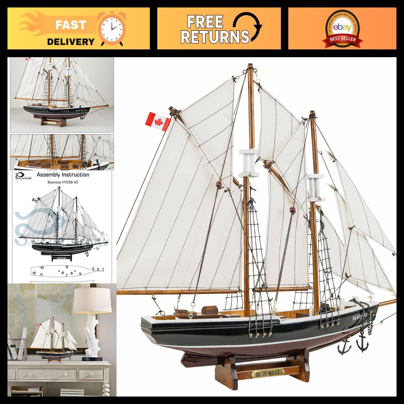 Small Wooden Sailboat Model Ship Bluenose 1/110 Scale Replica - Nautical Decor