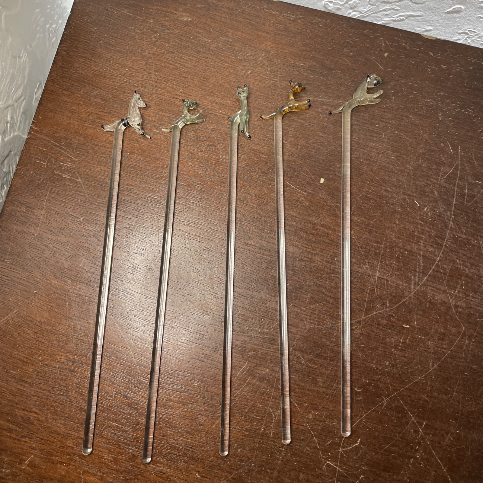 vintage set of five hand-blown glass animal swizzle sticks vintage set of five hand-blown glass animal swizzle sticks