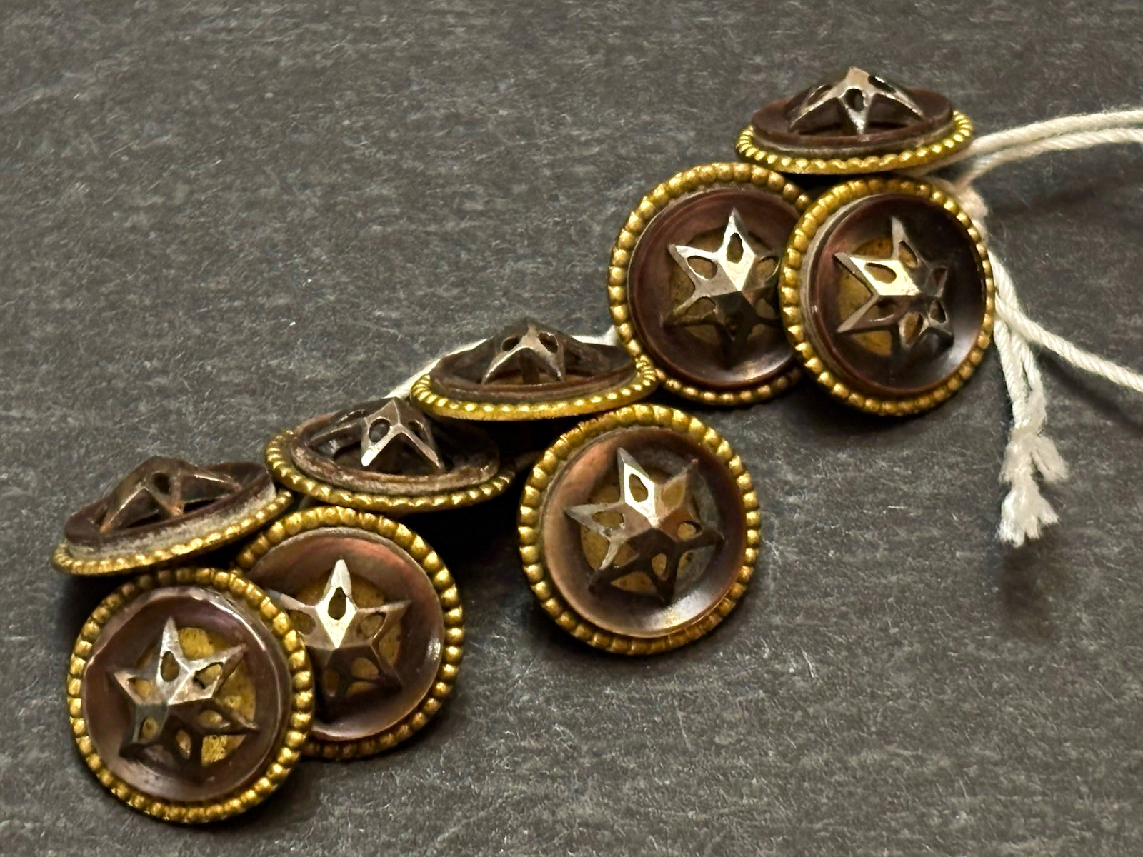 Set of 10 Antique Victorian 6-Pt Star Buttons Brass Steel Escutcheon 5/8