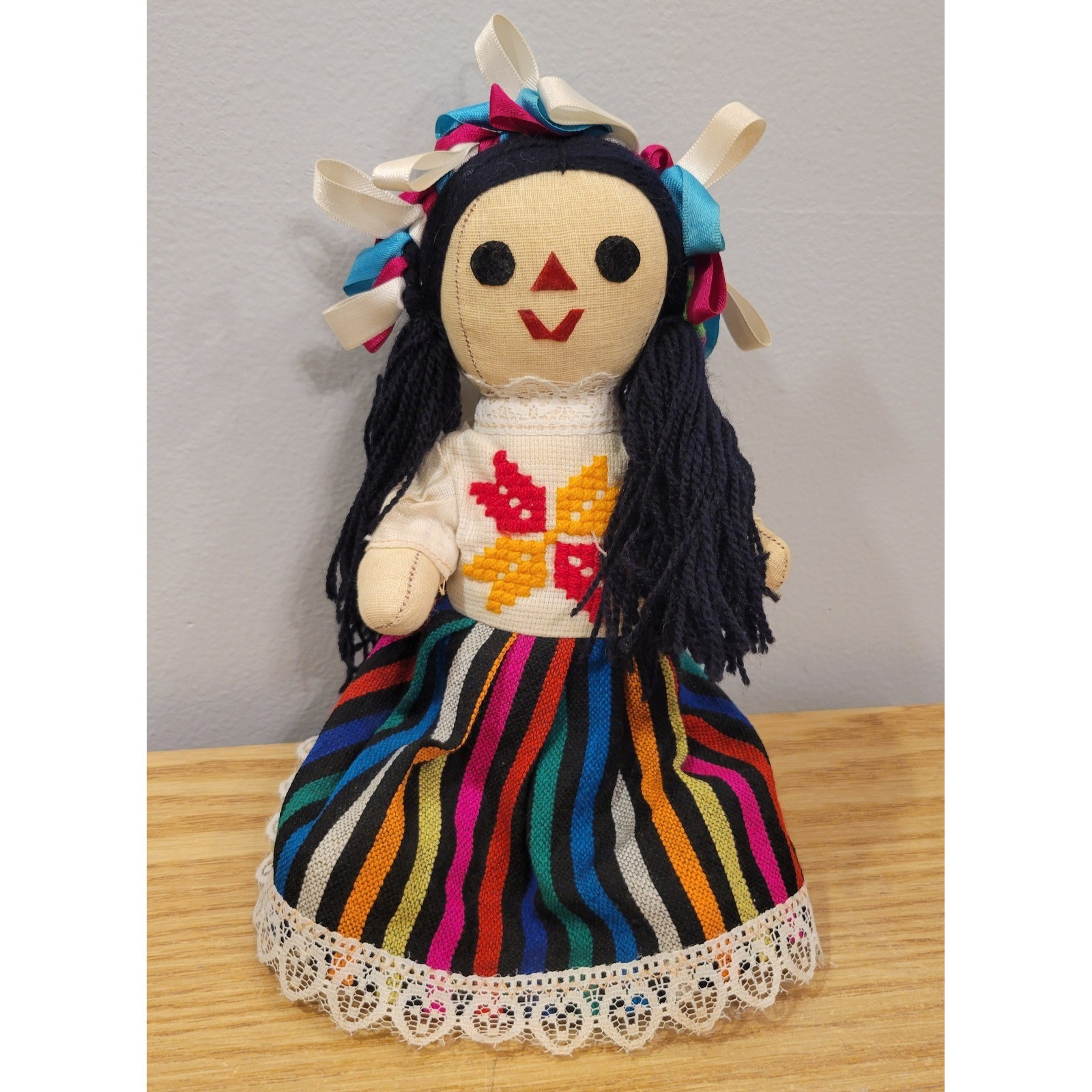 VTG Mexican Maria Rag Doll 11in Movable Button Jointed Folk Art Otomi Cloth Lele