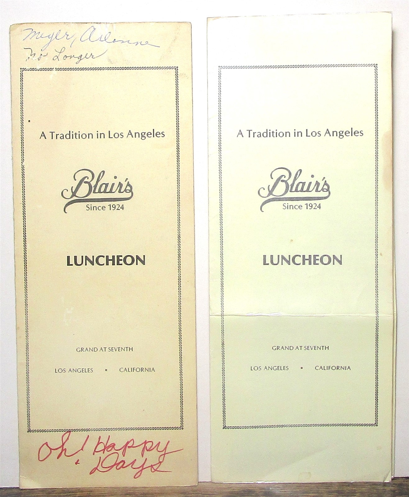 Vintage Blair\'s restaurant luncheon menus, Grand and 7th, Los Angeles