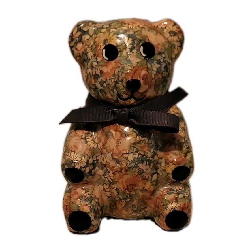 Vtg Floral Glossy Fabric Ceramic Decoupage Teddy Bear 5\