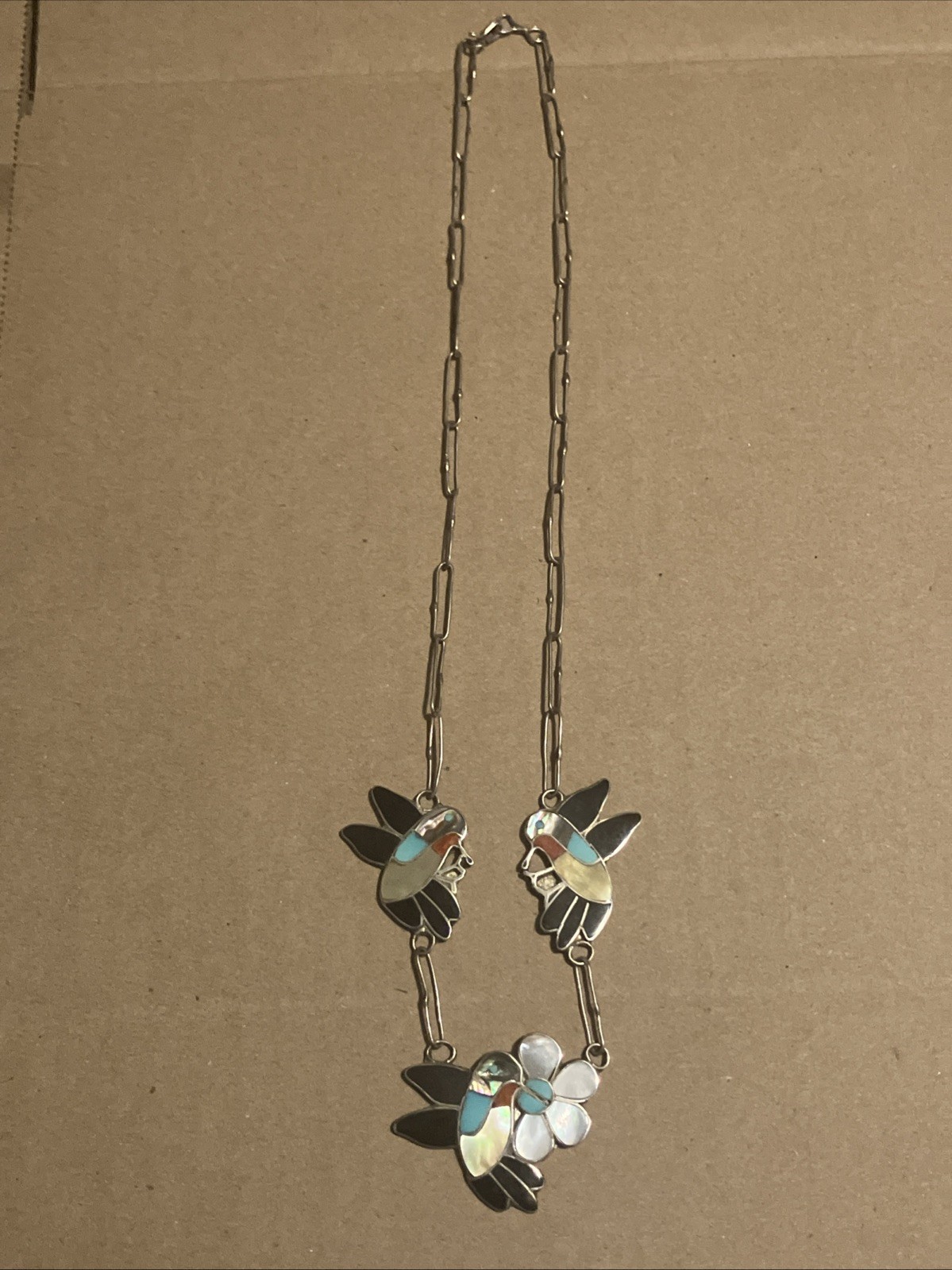 VTG Zuni Signed Ella Gia Sterling Silver Multi Stone Inlay Hummingbird Necklace
