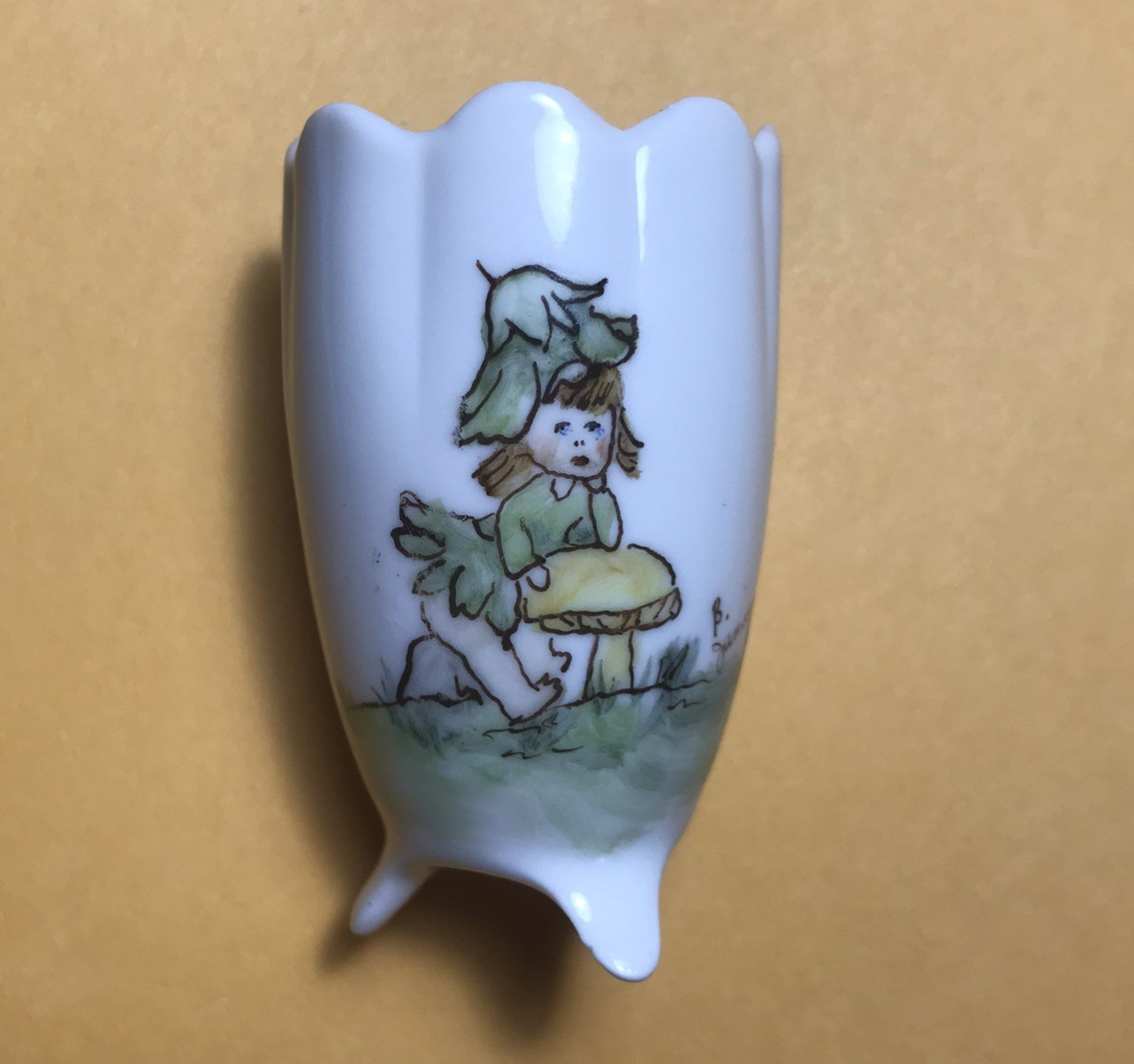 Vtg Toothpick Holder White Porcelain Handpainted Girl resting on Mushroom Signed Vtg Toothpick Holder White Porcelain Handpainted Girl resting on Mushroom Signed