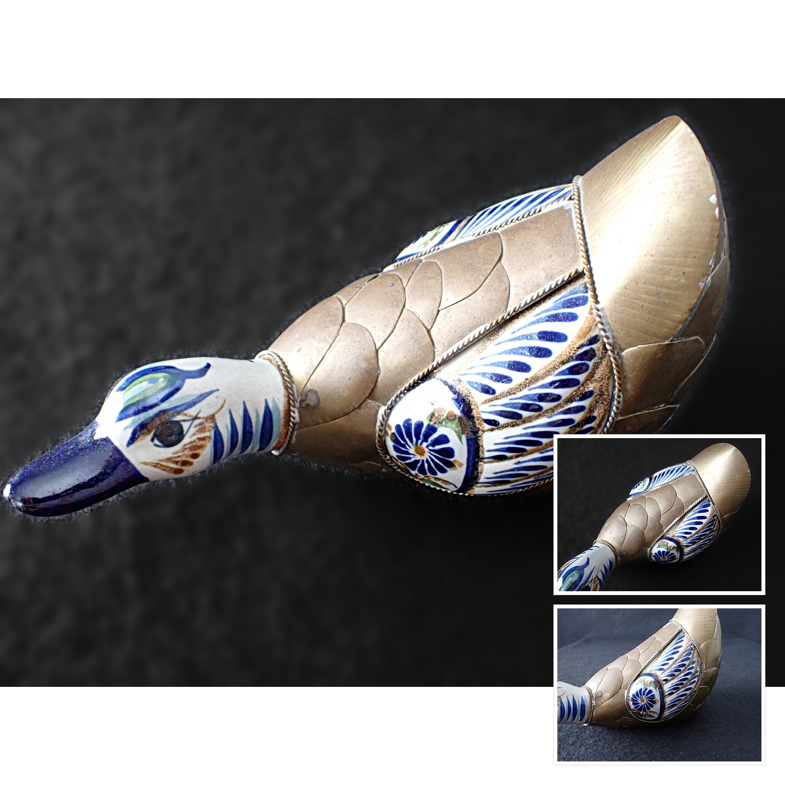 Vintage Tonala Style Mexican Brass Ceramic Duck Figurine Hand Painted Blue 7\