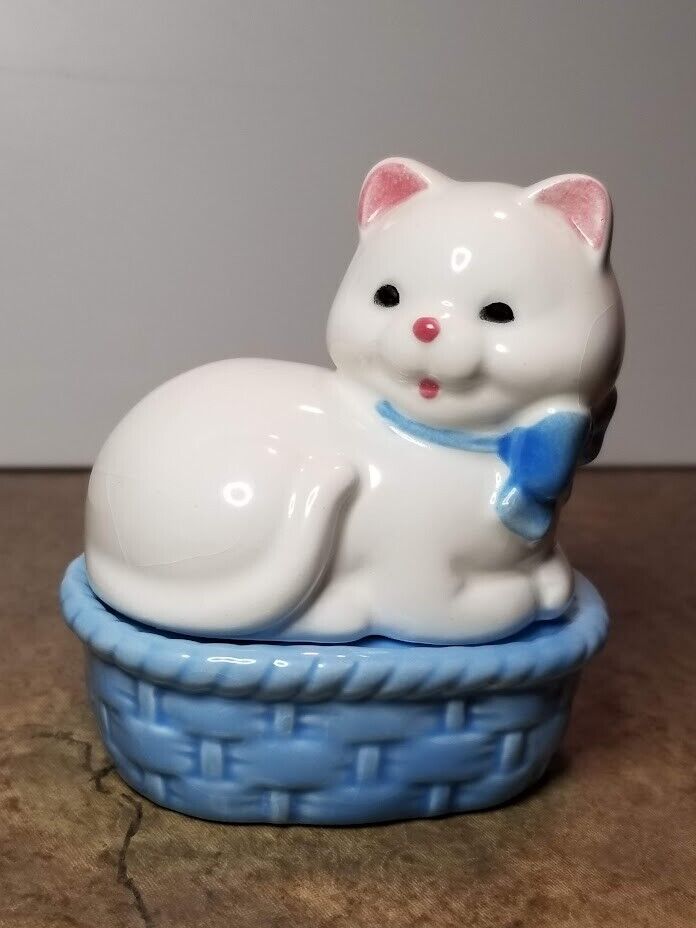 Vintage Cat in Basket Salt and Pepper Shakers, White and Blue Enesco, tagged