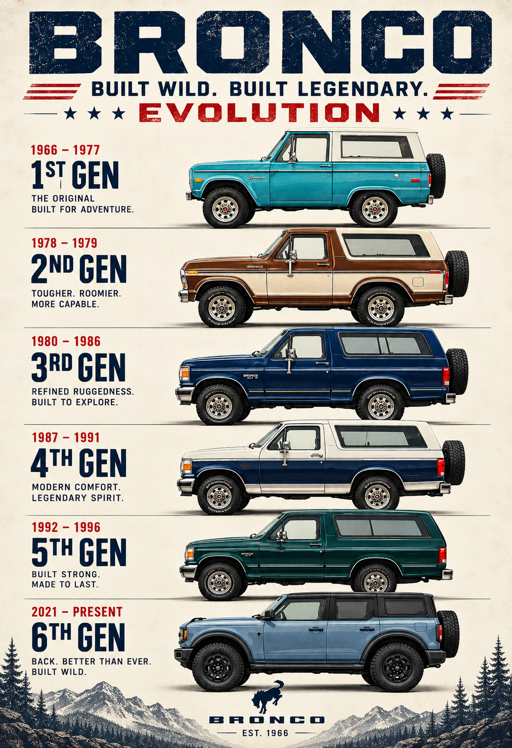 Ford Bronco Evolution Poster 1966-2025 Generations 13x19 Matte Print