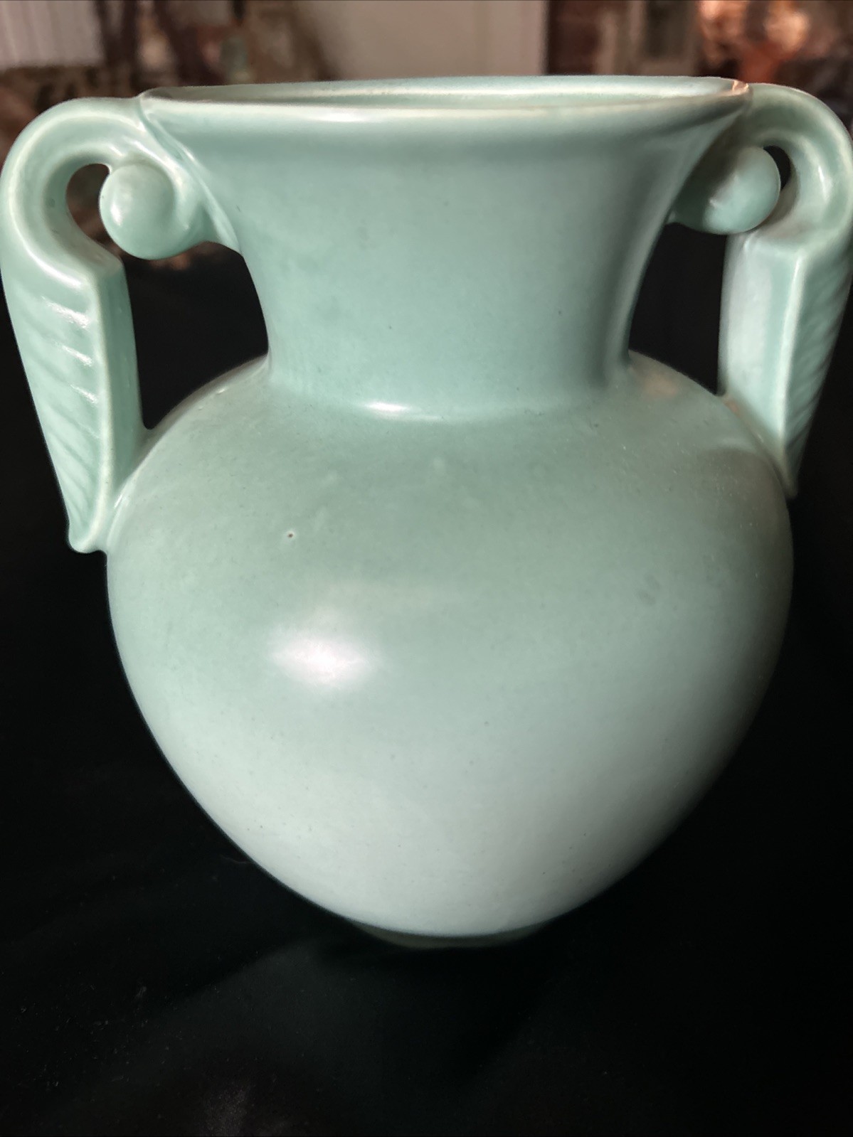 Antique Art Deco 1930s Handle Green Fulper Stangl Pottery Vase Handmade  7x7”