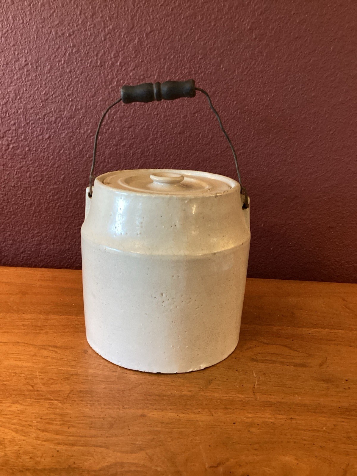 Antique Glazed Stoneware Storage Crock With Wire Bail Handle And Matching Lid