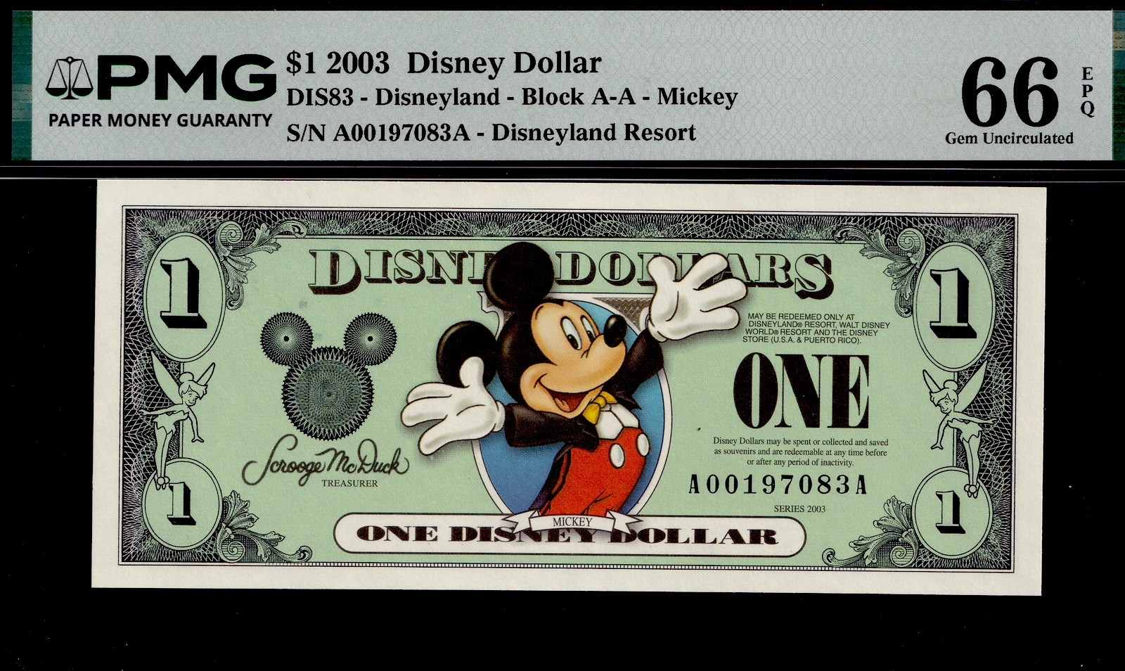 2003 $1 DISNEY DOLLAR. DIS83. PMG Graded: 66 EPQ. MICKEY. DISNEYLAND RESORT. 2003 $1 DISNEY DOLLAR. DIS83. PMG Graded: 66 EPQ. MICKEY. DISNEYLAND RESORT.