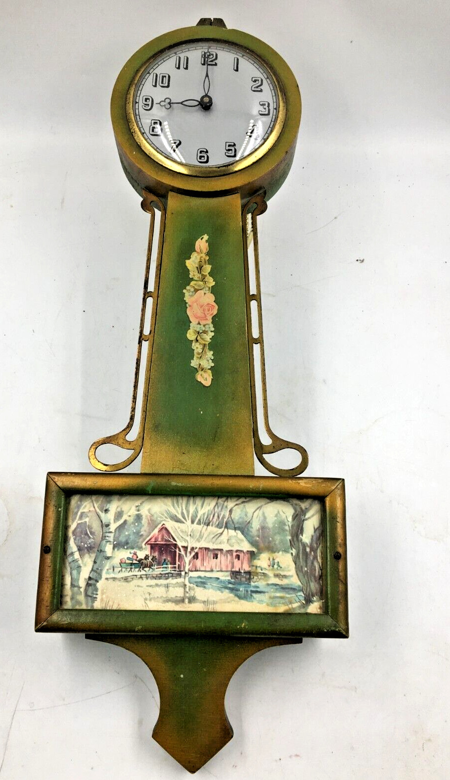 Vintage Made in USA Unbranded Working Banjo Clock Green Paint Rear Wind 1930\'s