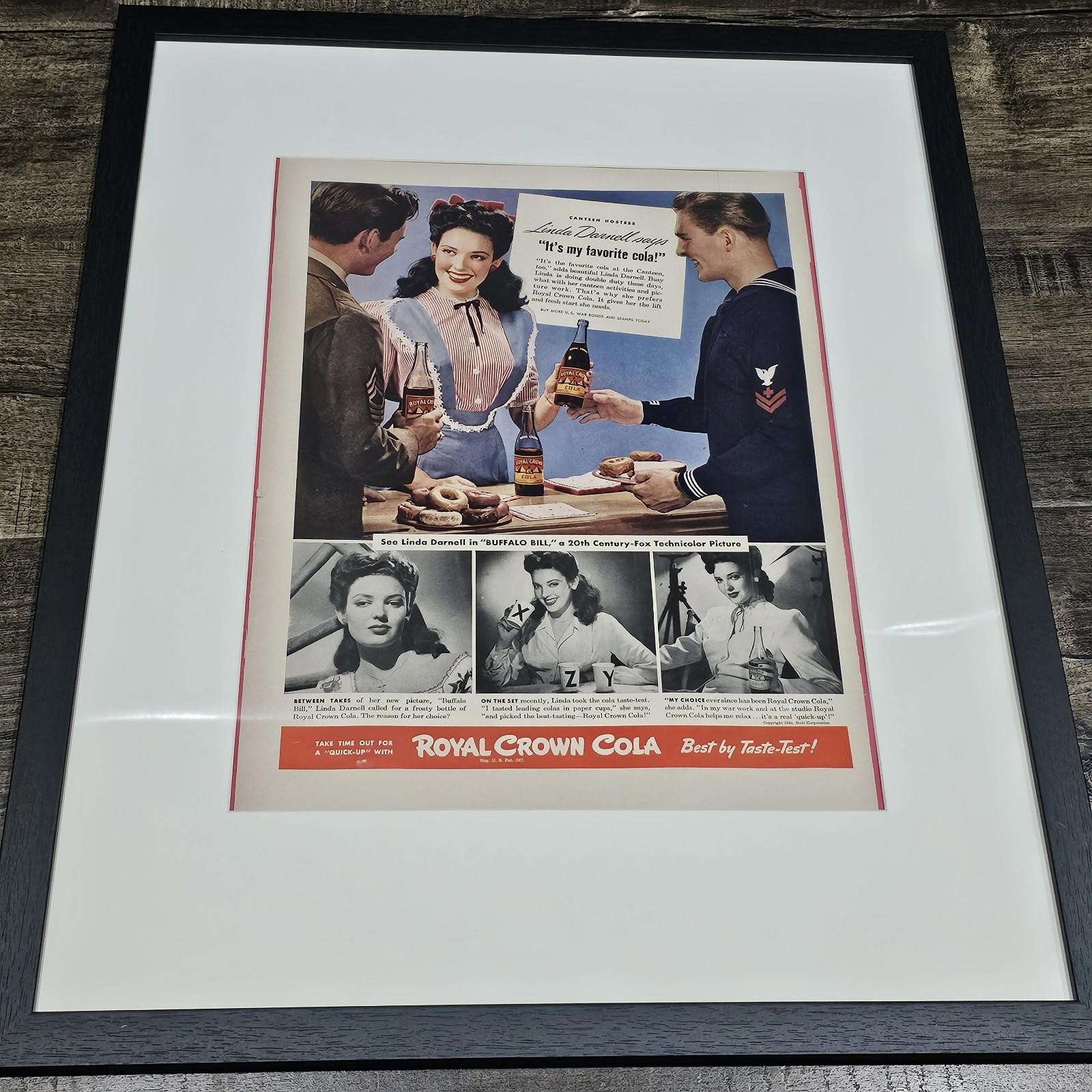 Framed Vintage Royal Crown Cola Advertisement – Linda Darnell WWII Era Hollywood Framed Vintage Royal Crown Cola Advertisement – Linda Darnell WWII Era Hollywood