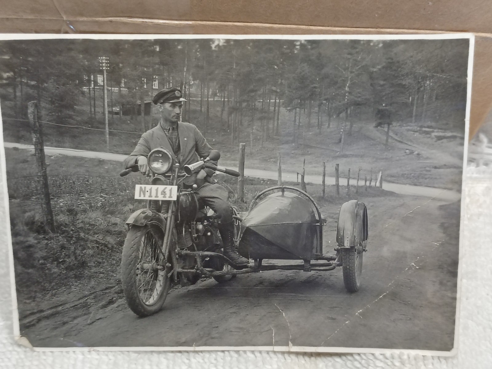 Vtg German motorcycle with side card real photo