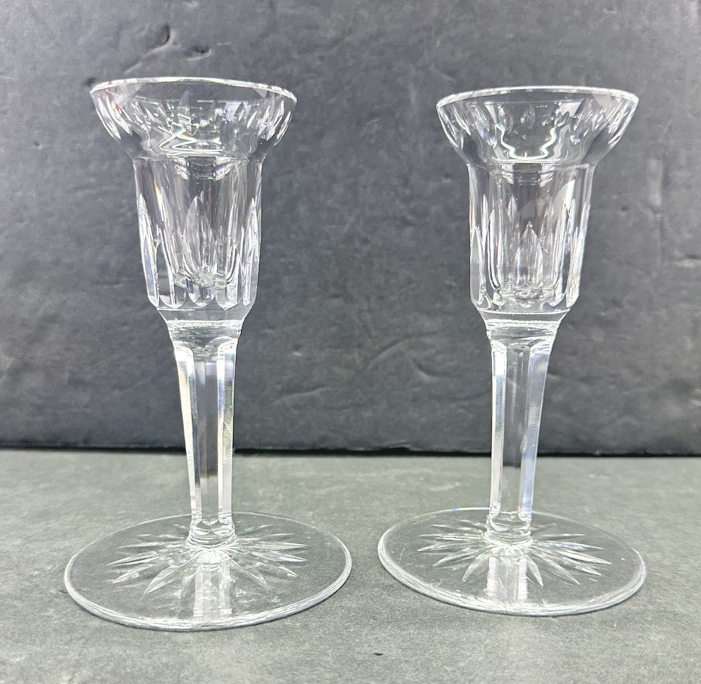 Waterford Carina Eileen Crystal Candlesticks Pair Signed Taper Holders 6.25”