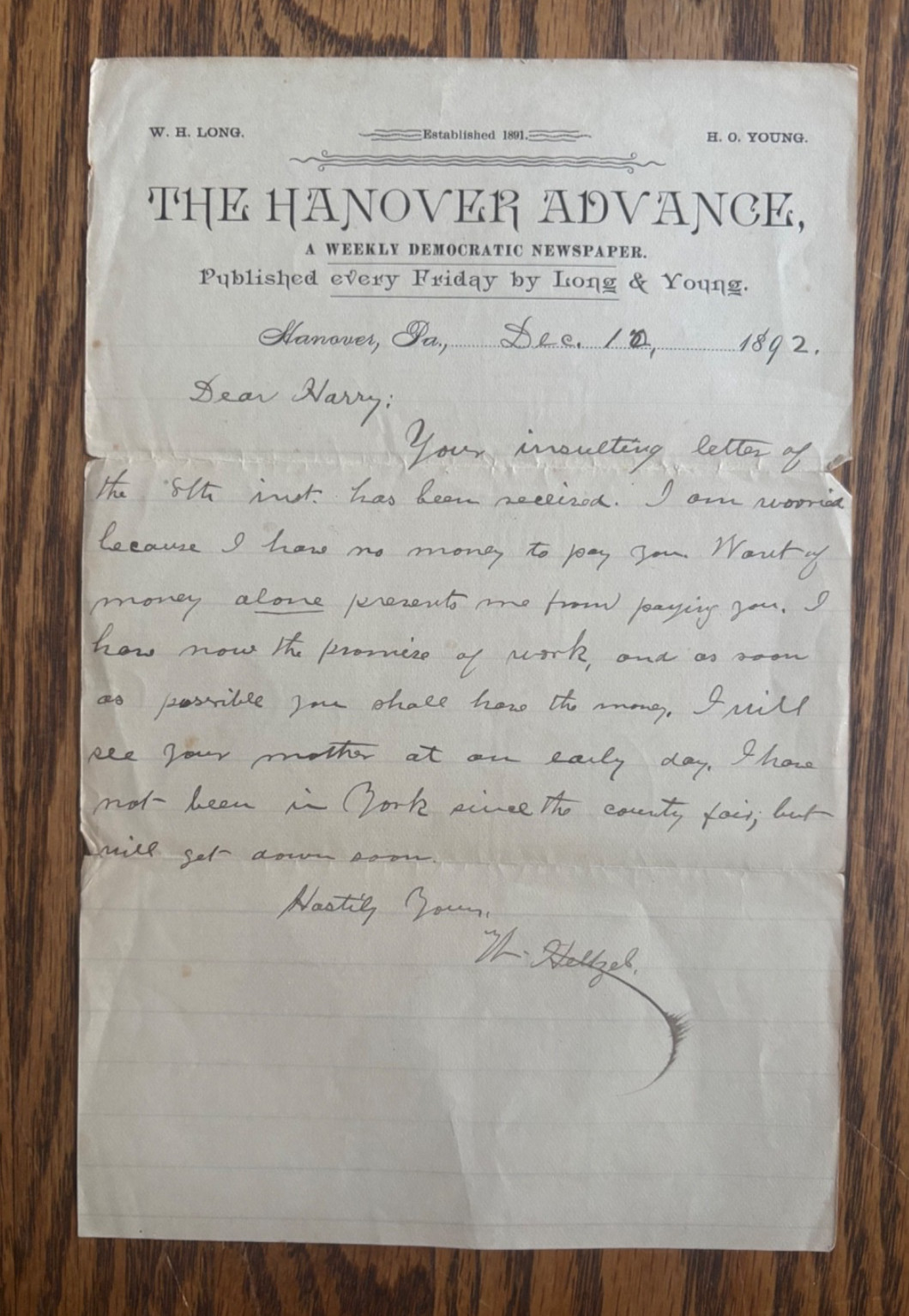 1892 Hanover Advance PA Newspaper Letterhead Handwritten Letter