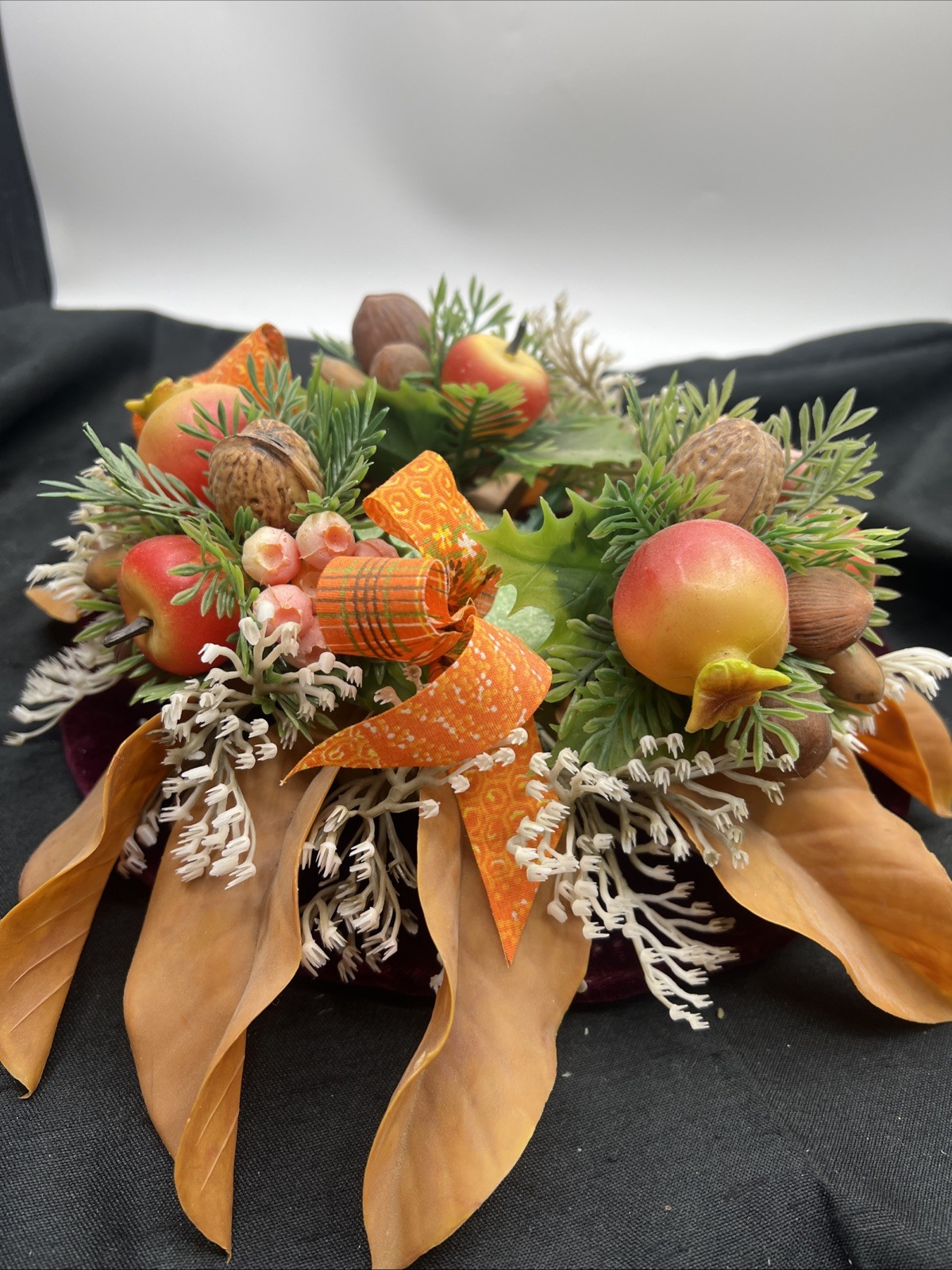 Vintage Fall Autumn Candle Ring Taper Pillar Plastic Leaves Apples Nuts Decor