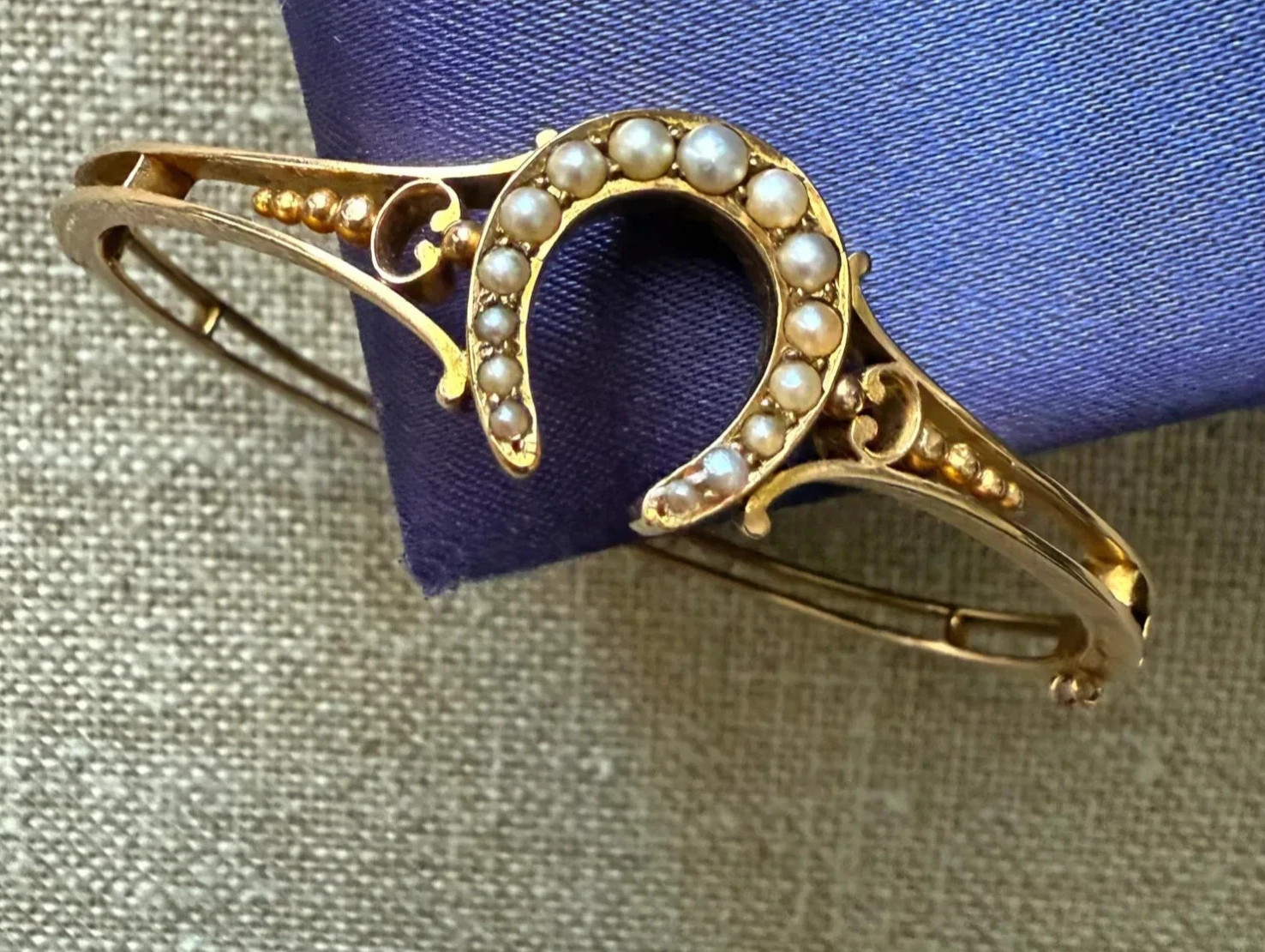 Victorian Seed Pearl Openable Horseshoe Bangle 14k Yellow Gold Plated  7.5\