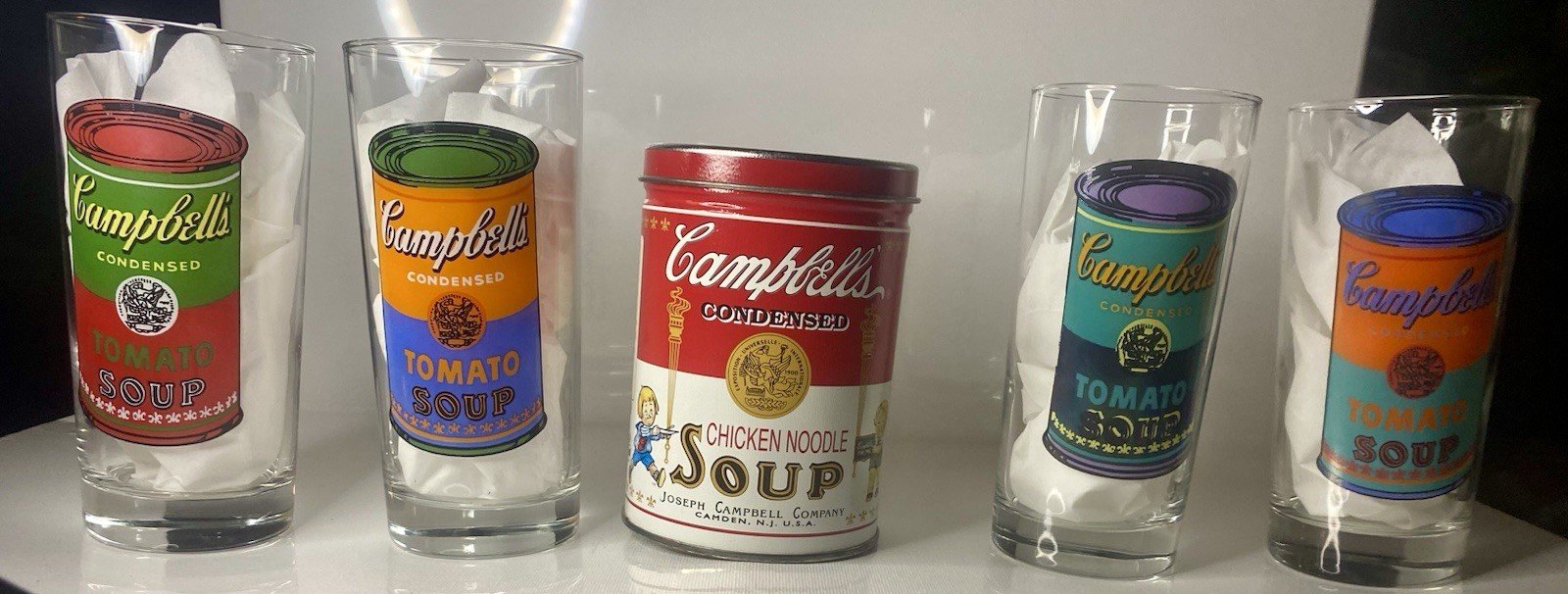 Campbell’s Soup Andy Warhol Style Pop Art Glasses Set of 4 + Soup Tin Coin Bank