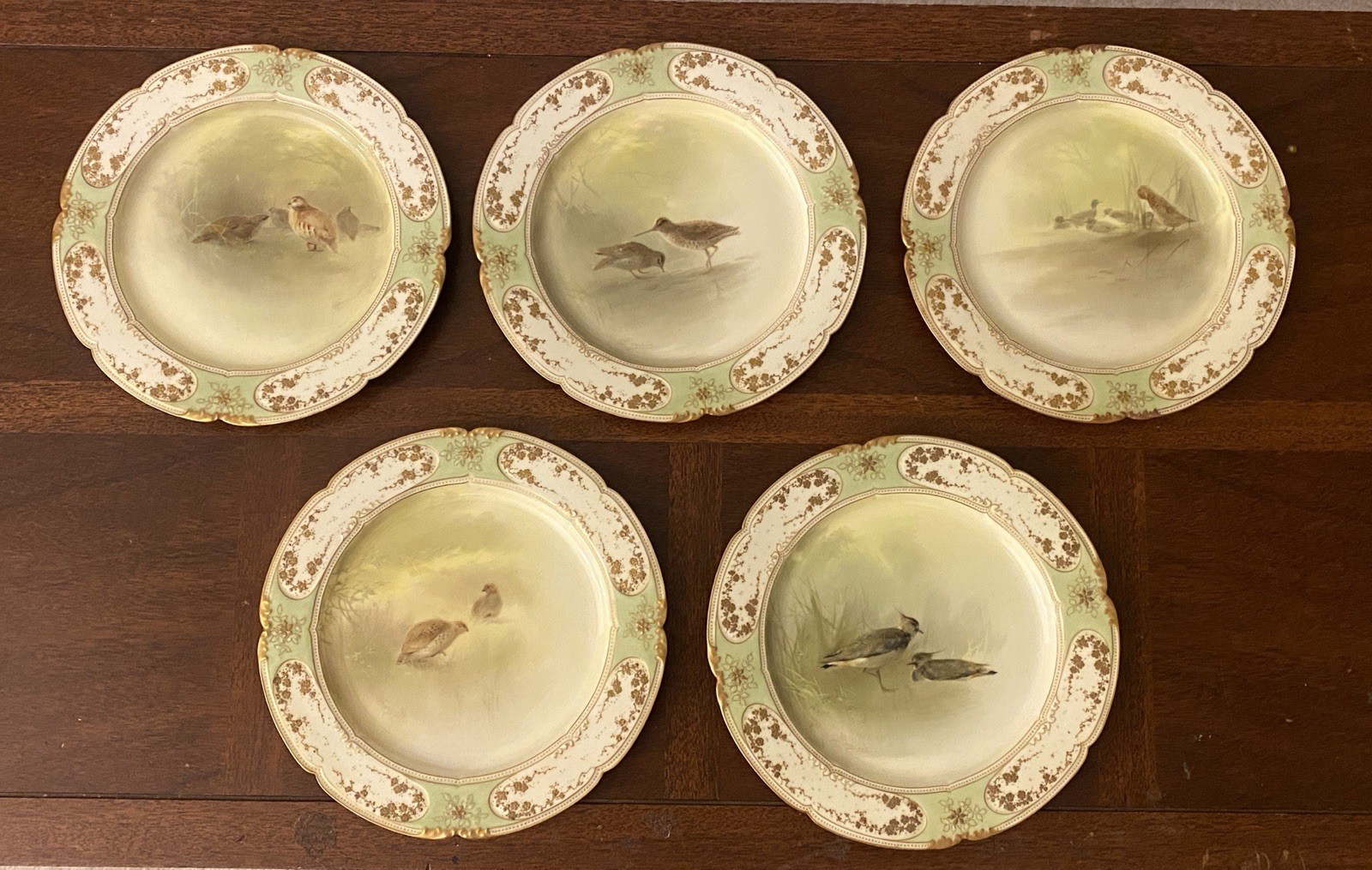 Antique Doulton Burslem J.E. Caldwell Hand Painted Bird Cabinet Plates Set Of 5