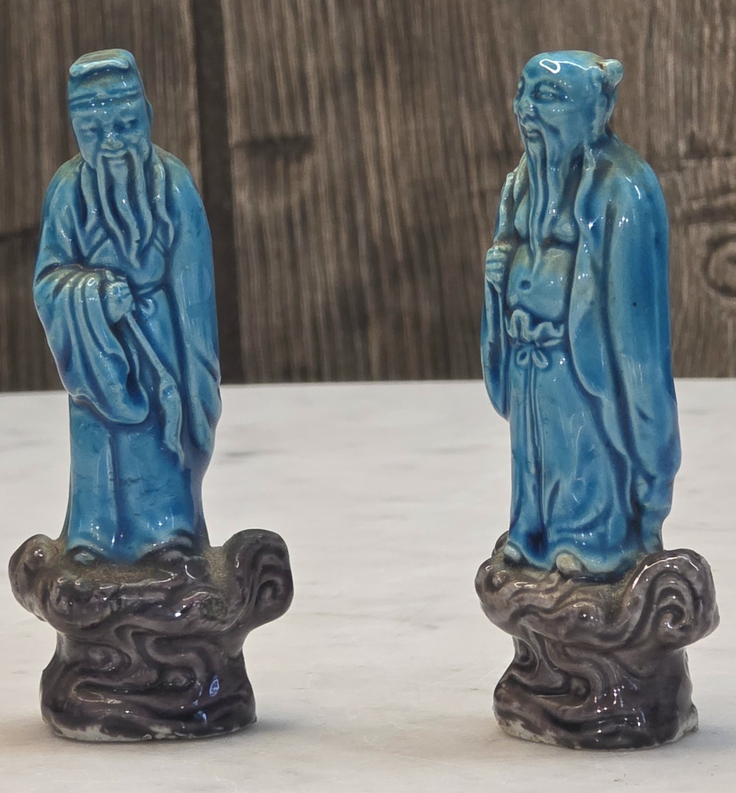 Vintage Blue Porcelain Chinese Immortal Figures, Marked Approx 3.5” High