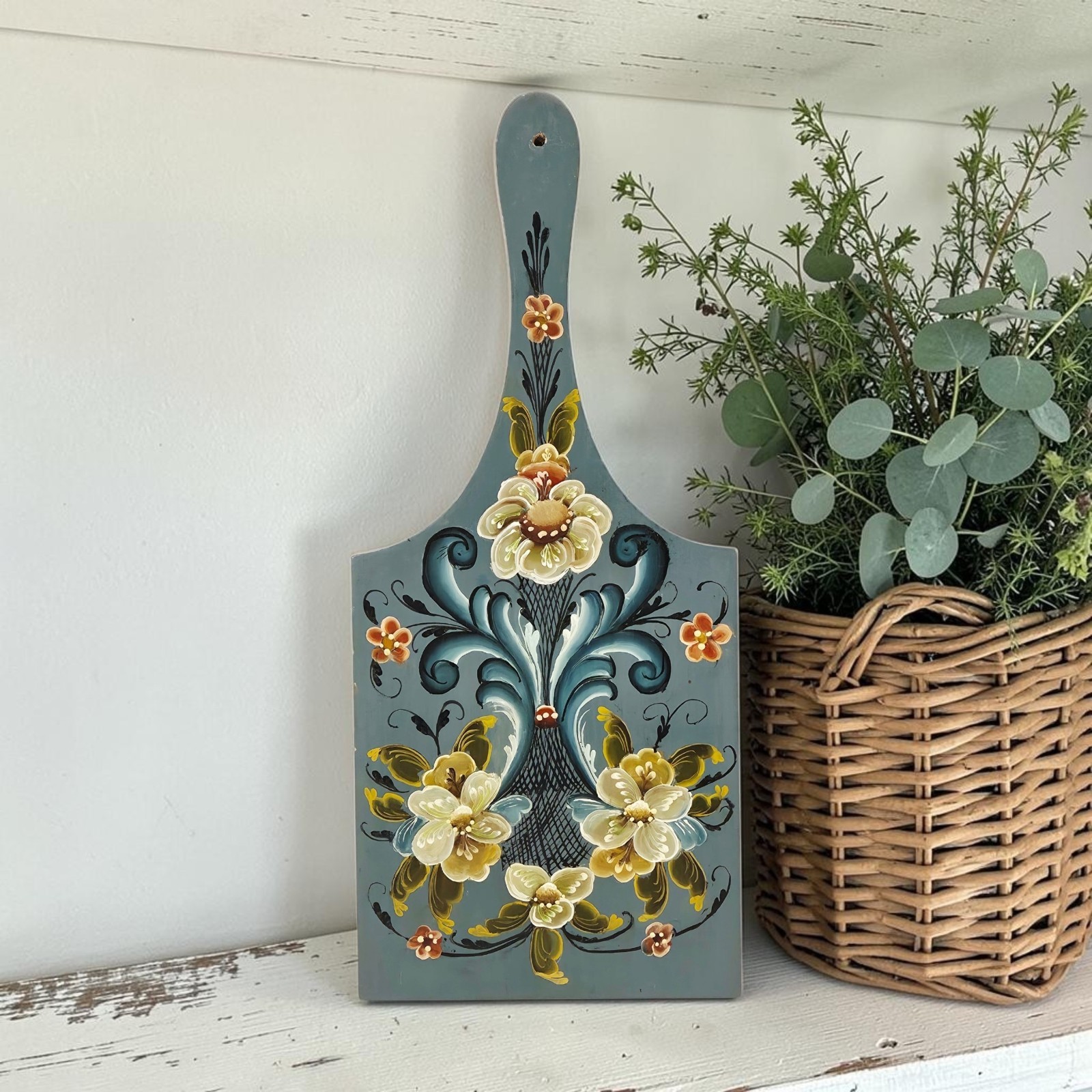 VTG Blue Hand Painted Rosemaling Wood Bread Cutting Board Farmhouse Folk Art 14\