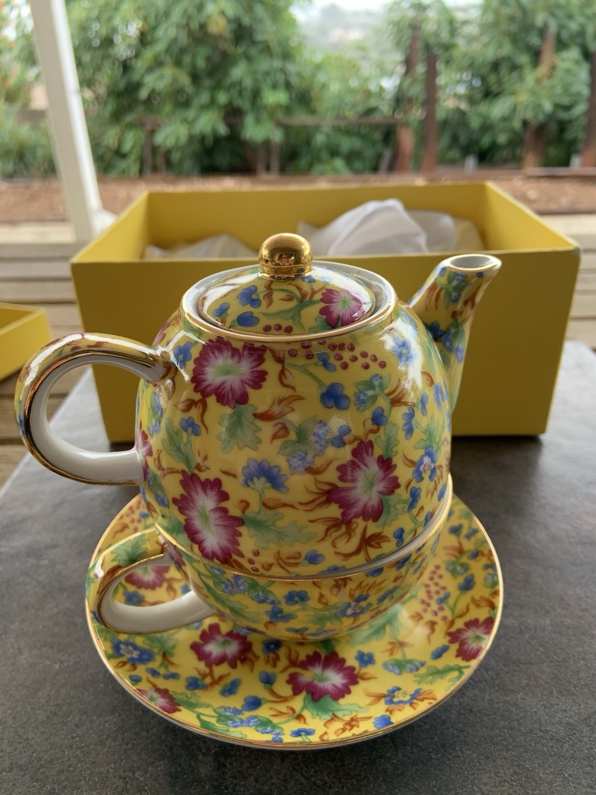 Two\'s Company Caroline Chintz Tea For One Set Stackable Teapot Cup Saucer Floral