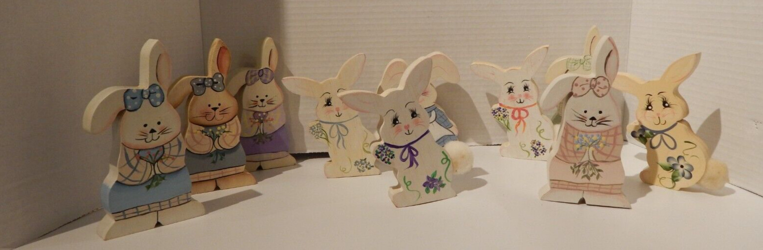 Folk Art Wood Painted Bunny Bunnies Rabbit/Lot of 10