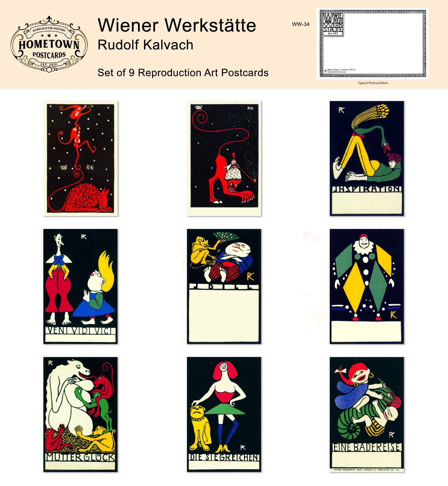 Wiener Werkstatte:  Rudolf Kalvach (Series 1) - Lot of (9) Rare Repro Postcards