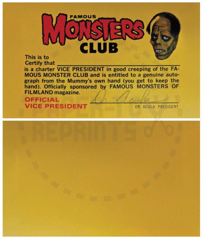 FAMOUS MONSTERS CLUB MEMBERSHIP CARD - UPDATED VERSION - VINTAGE REPRINT