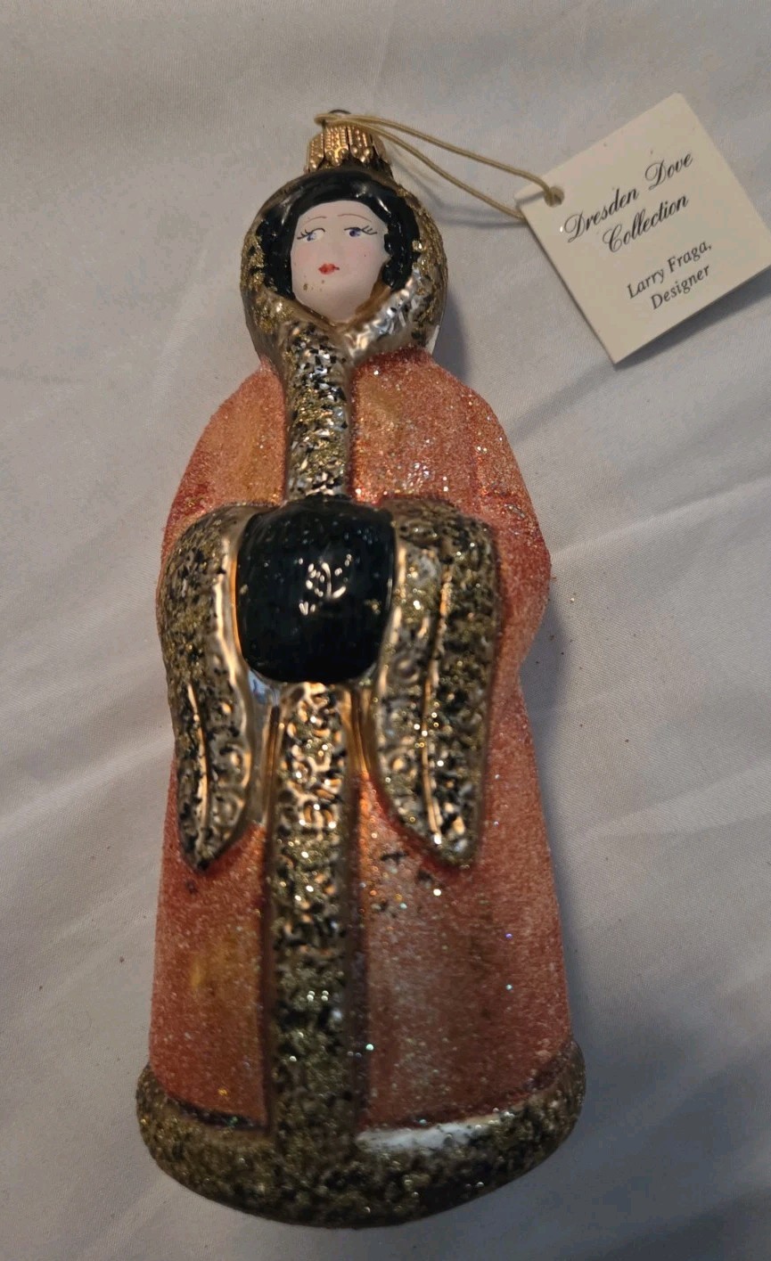 Vintage Larry Fraga Christmas Ornament Dresden Dove Woman Glitter
