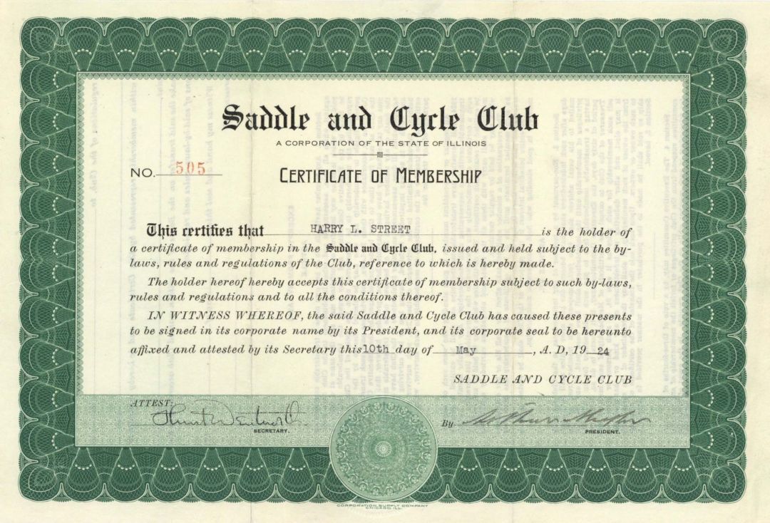 Saddle and Cycle Club - Sports Membership Certificate - Sports Stocks & Bonds