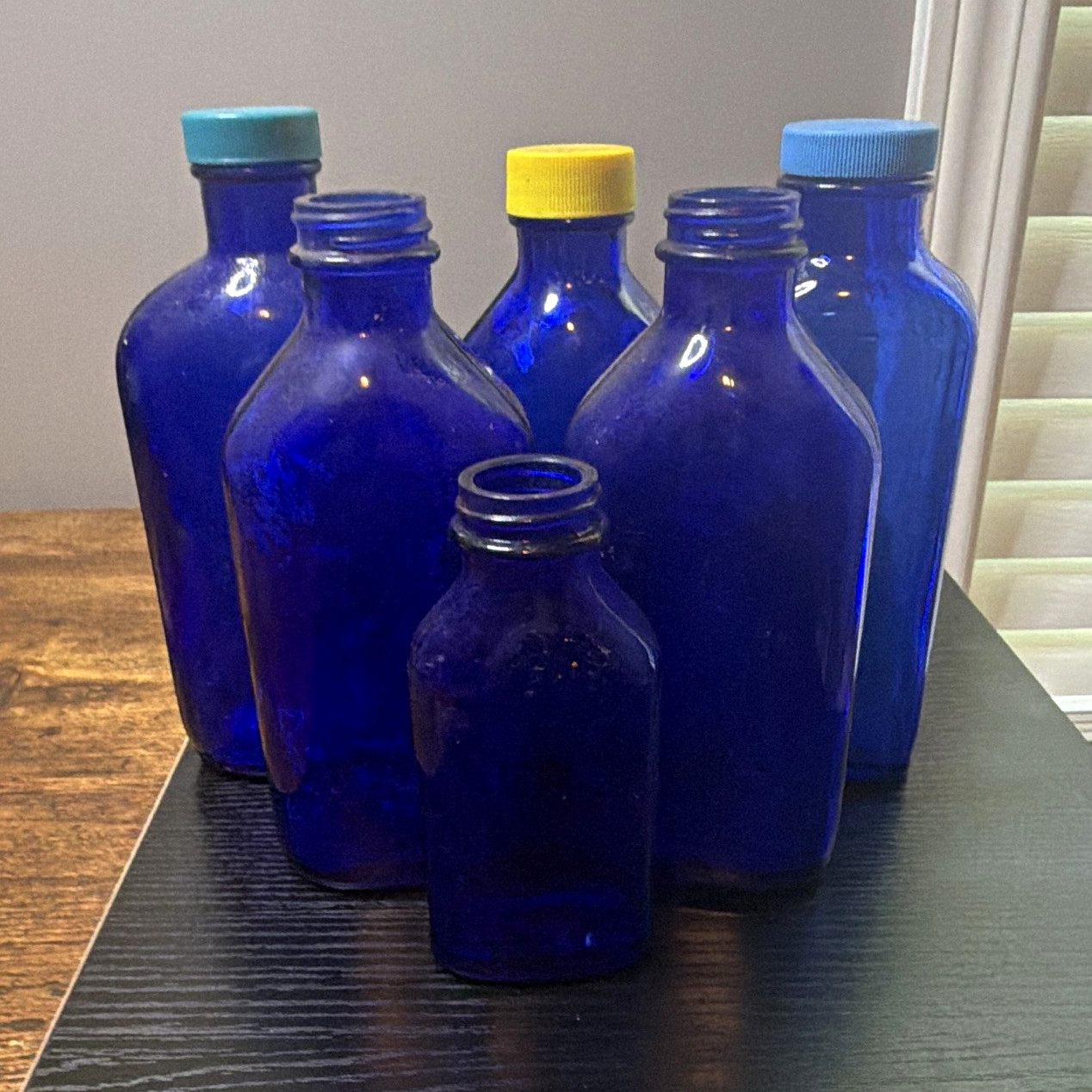 Lot of 6 Cobalt Blue Glass Medicine/Apothecary Bottles w/ Caps (3)
