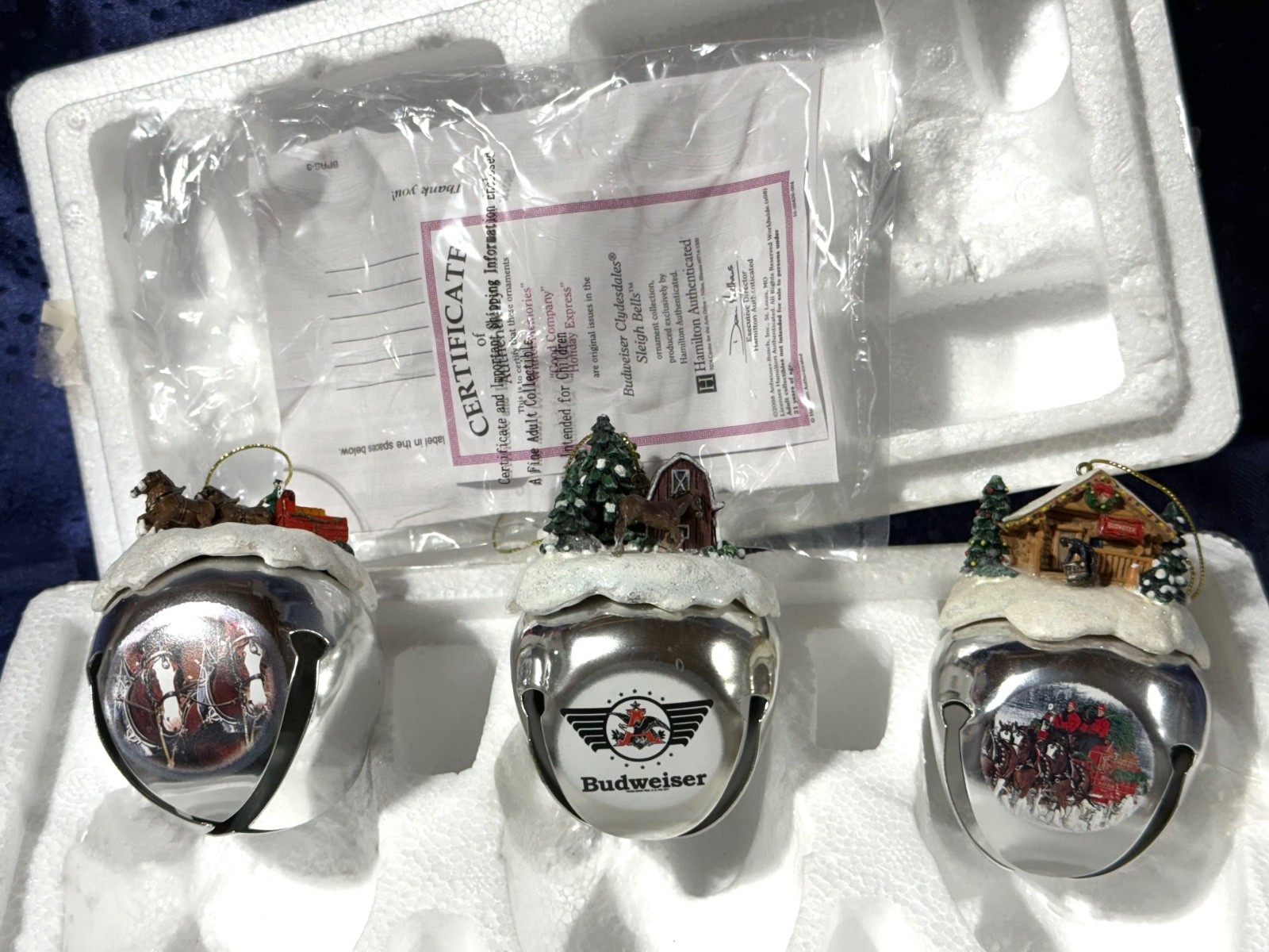 Budweiser Clydesdale Sleigh Bells Ornaments Set of Three Hamilton Authenticated