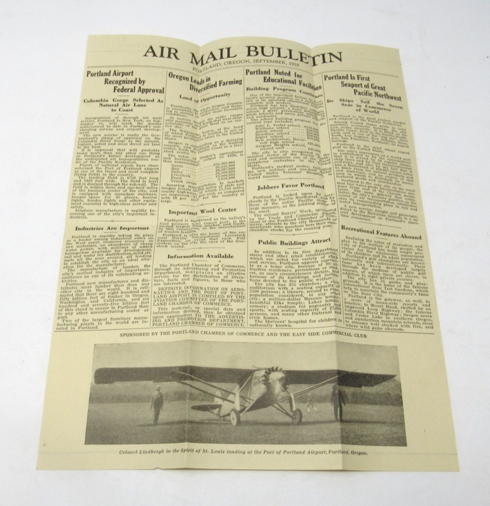 Portland Oregon Air Mail Bulletin 1929 Charles Lindbergh First Flight Letterhead