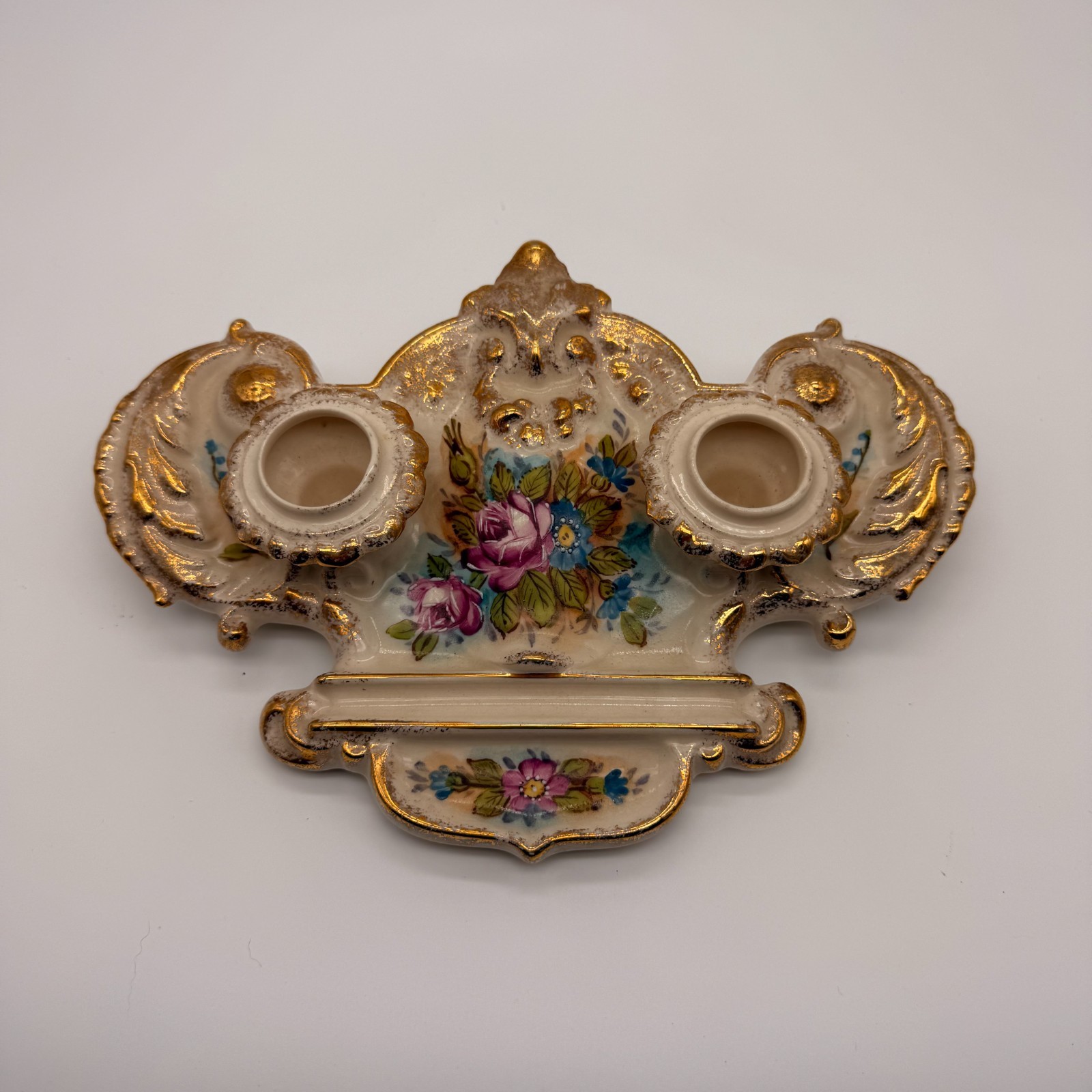 Vintage Porcelain Double Inkwell Hand Painted Floral Gold Gilt Rococo Style