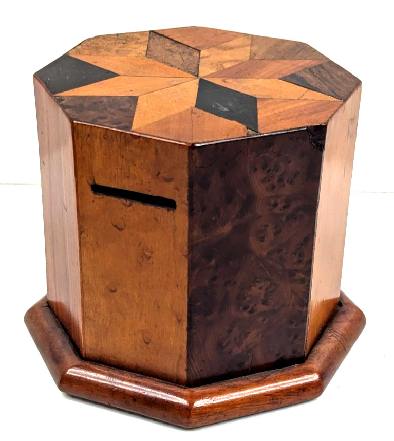 Vintage Octagonal Inlaid Burl Wooden Coin Bank Puzzle or Sealed (will not Open)