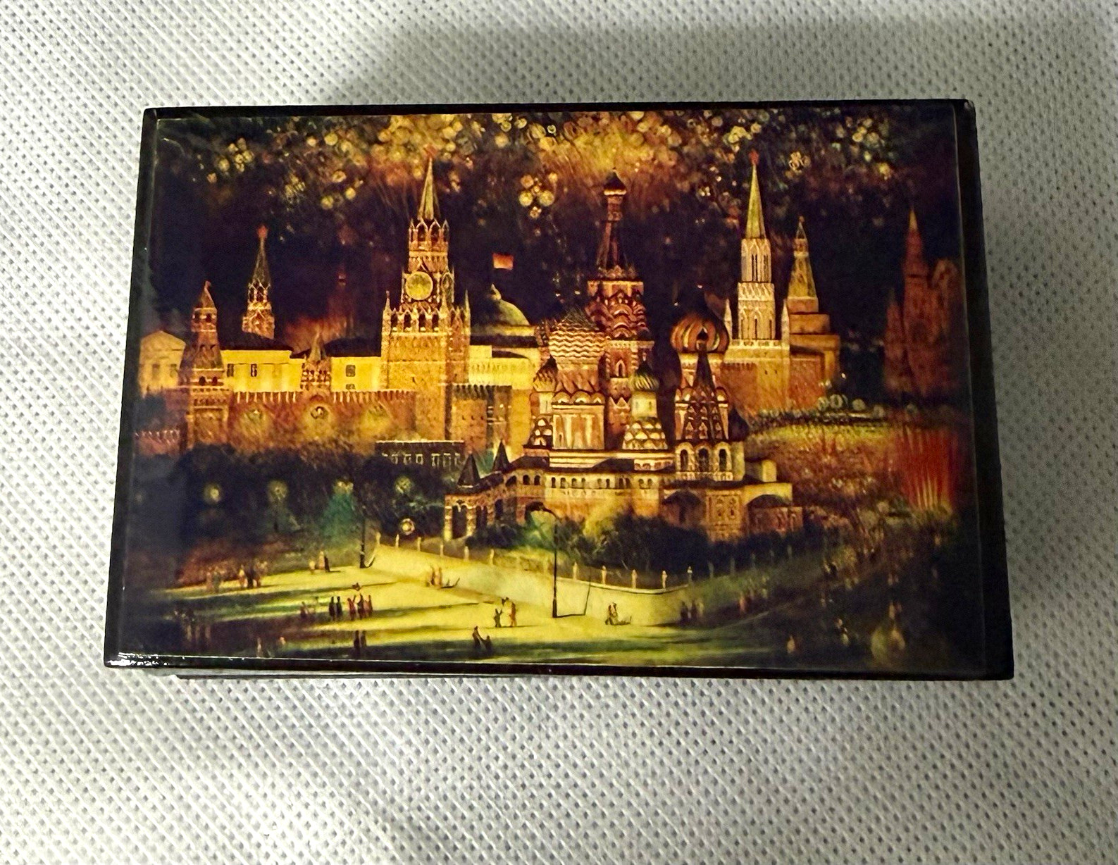 Vintage Russian Lacquer Box Red Square Kremlin St Basil Moscow Night MINT