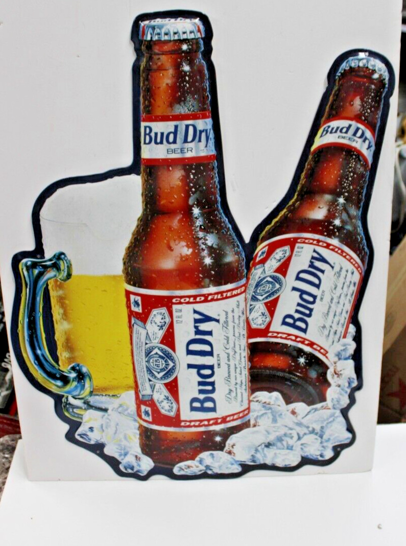 Vintage Budweiser Bud Dry 2 Bottle Metal Tin tacker Beer Bar Sign 18